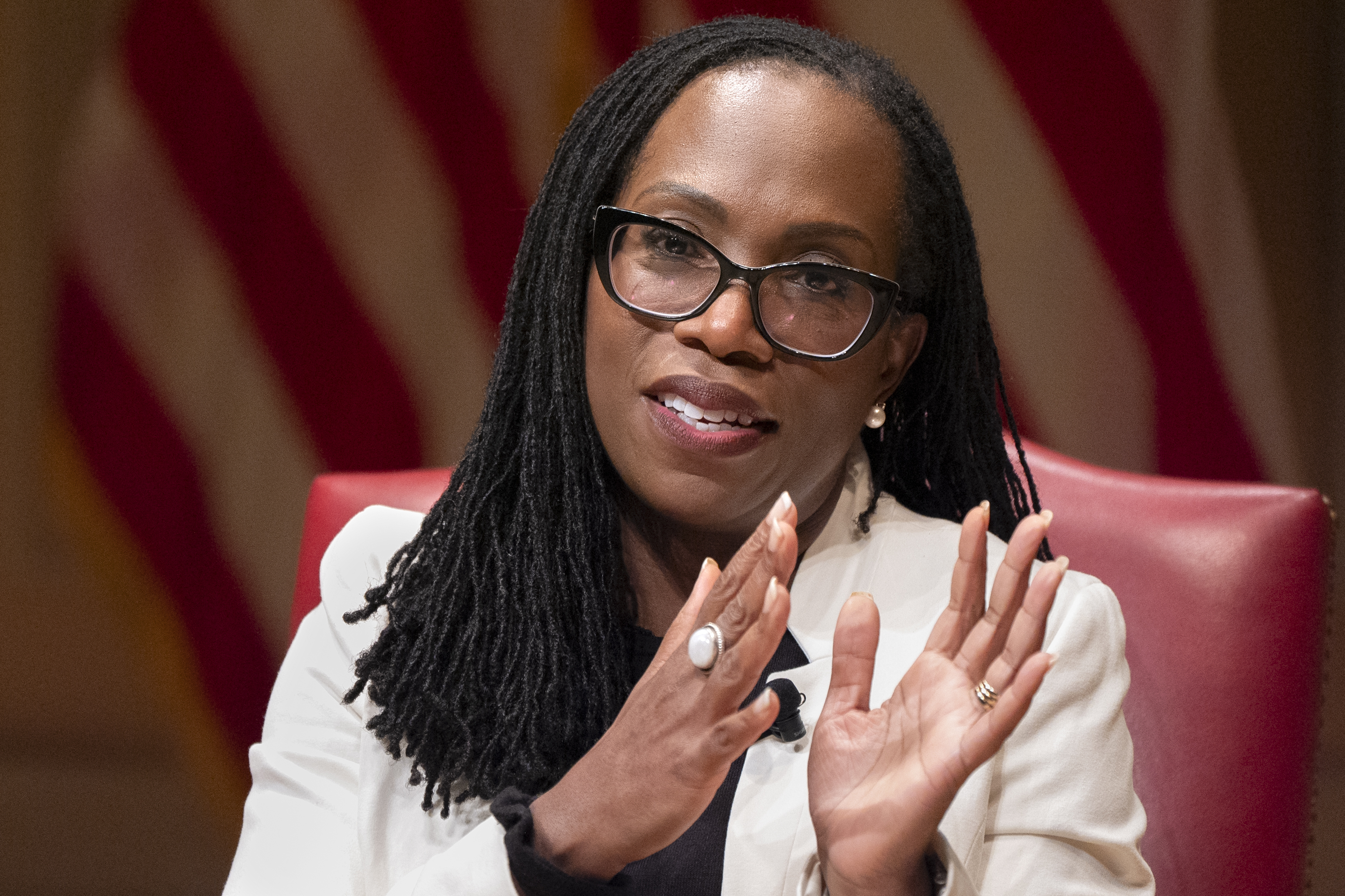 File - Supreme Court Justice Ketanji Brown Jackson speaks to the 2025 Supreme Court Fellows Program, Feb. 13, 2025, at the Library of Congress in Washington. (AP Photo/Jacquelyn Martin, Pool, File)