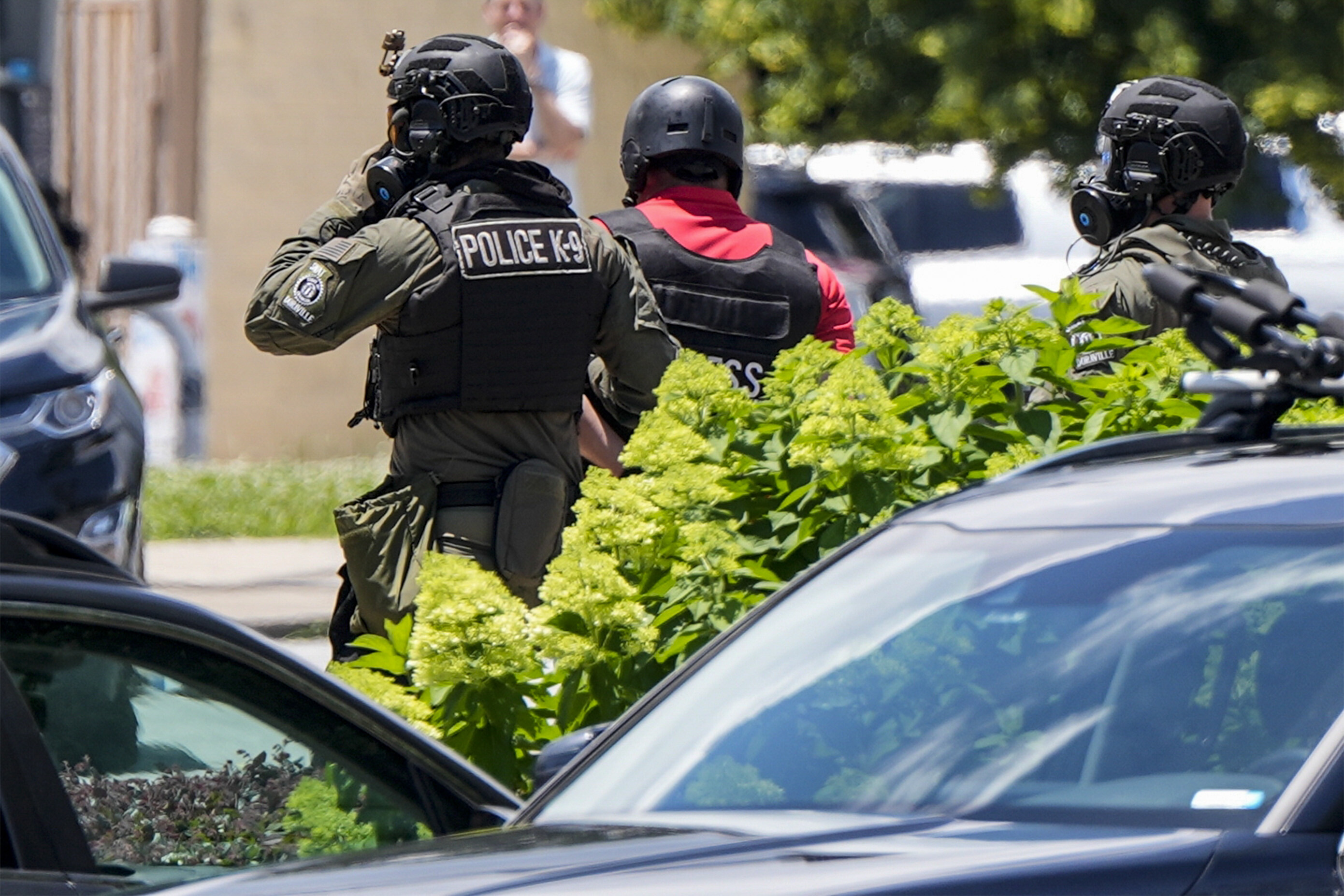 Mario Guevara with MGNews is detained by Dekalb County Sheriff's deputies in Dekalb County, during a "No Kings" protest near Atlanta, on Saturday, June 14, 2025/ (AP Photo/Mike Stewart)