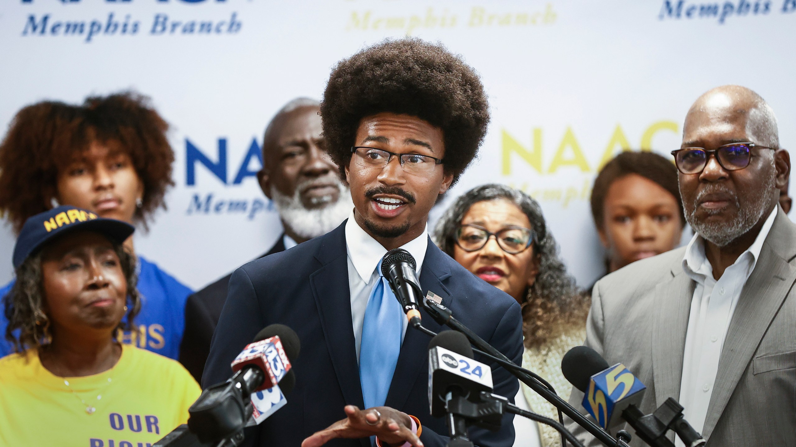 State Representative Justin J. Pearson speaks during a press conference announcing NAACP plans to sue xAI over Clean Air Act on Tuesday, June 17, 2025, in Memphis. (Mark Weber/Daily Memphian via AP)