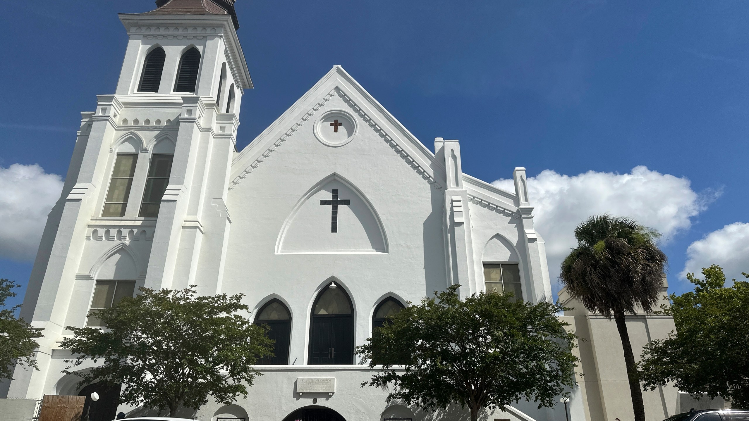 The outside of Mother Emanuel AME church church in Charleston, S.C. is seen on Tuesday, June 17, 2025 before a service to honor and remember nine church members on the 10th anniversary of the killing of nine members in a shooting by a white supremacist during Bible study. (AP Photo /Jeffrey Collins)
