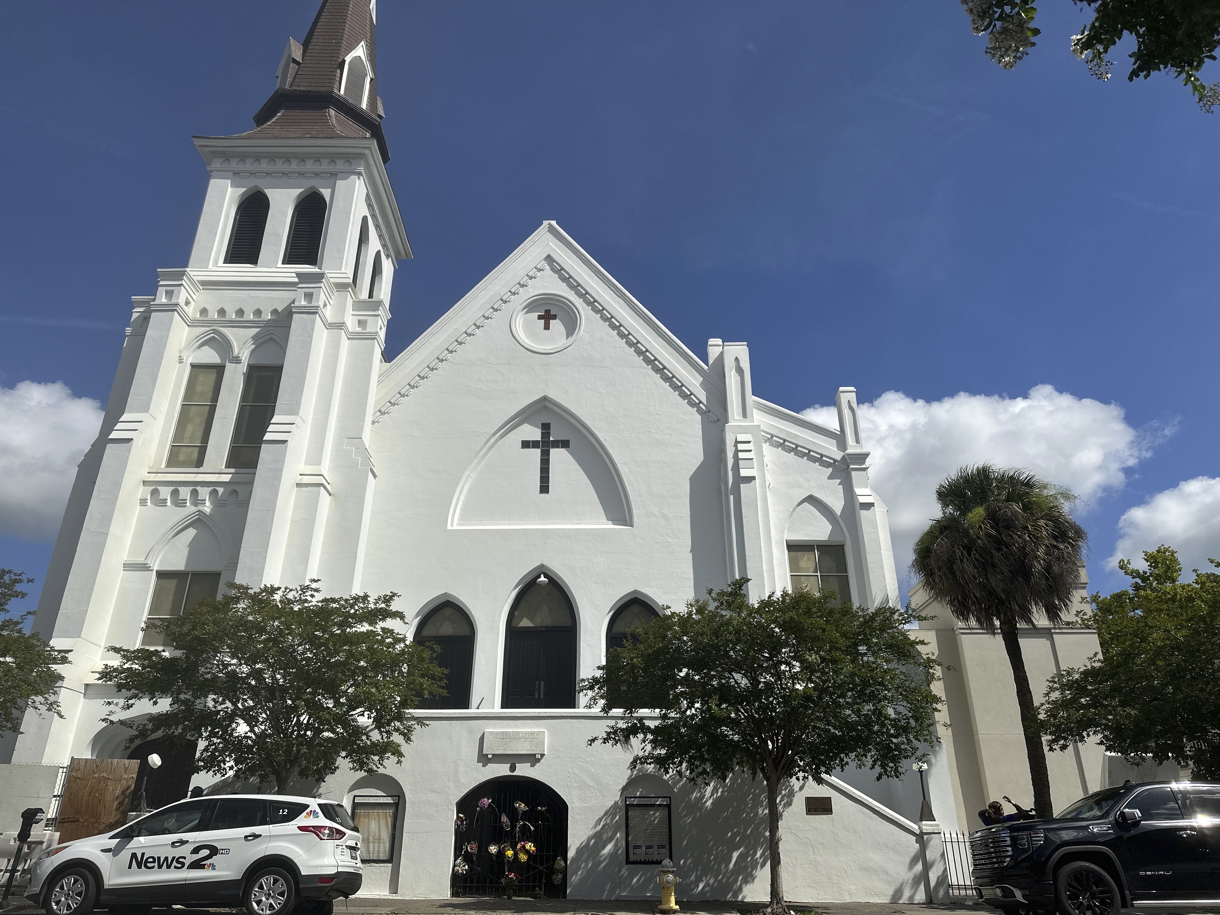 The outside of Mother Emanuel AME church church in Charleston, S.C. is seen on Tuesday, June 17, 2025 before a service to honor and remember nine church members on the 10th anniversary of the killing of nine members in a shooting by a white supremacist during Bible study. (AP Photo /Jeffrey Collins)