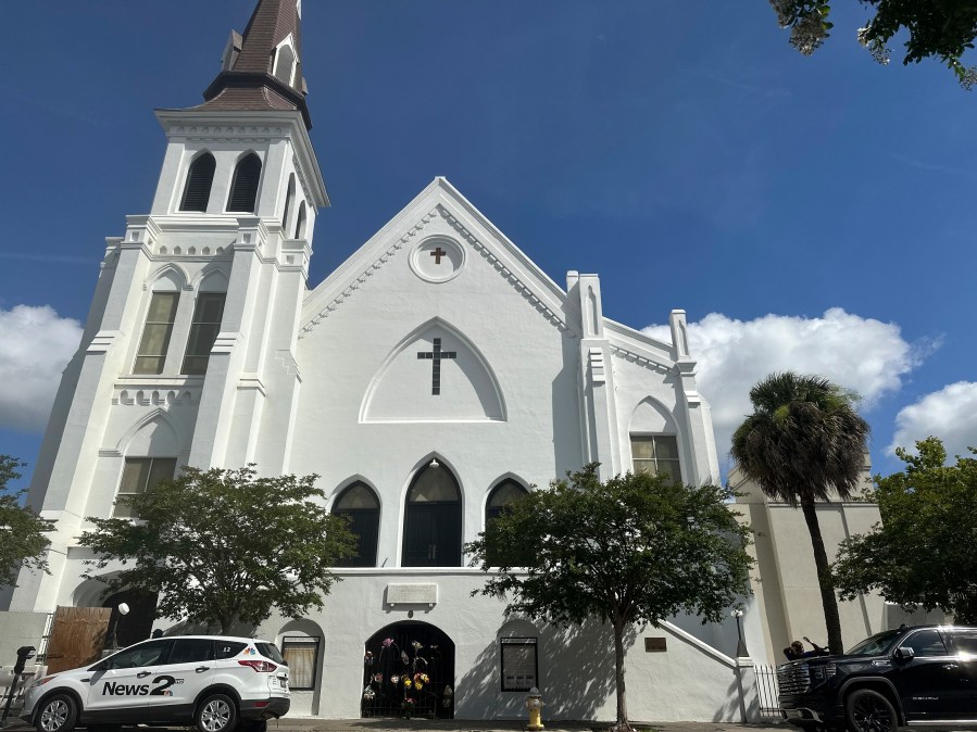 The outside of Mother Emanuel AME church church in Charleston, S.C. is seen on Tuesday, June 17, 2025 before a service to honor and remember nine church members on the 10th anniversary of the killing of nine members in a shooting by a white supremacist during Bible study. (AP Photo /Jeffrey Collins)