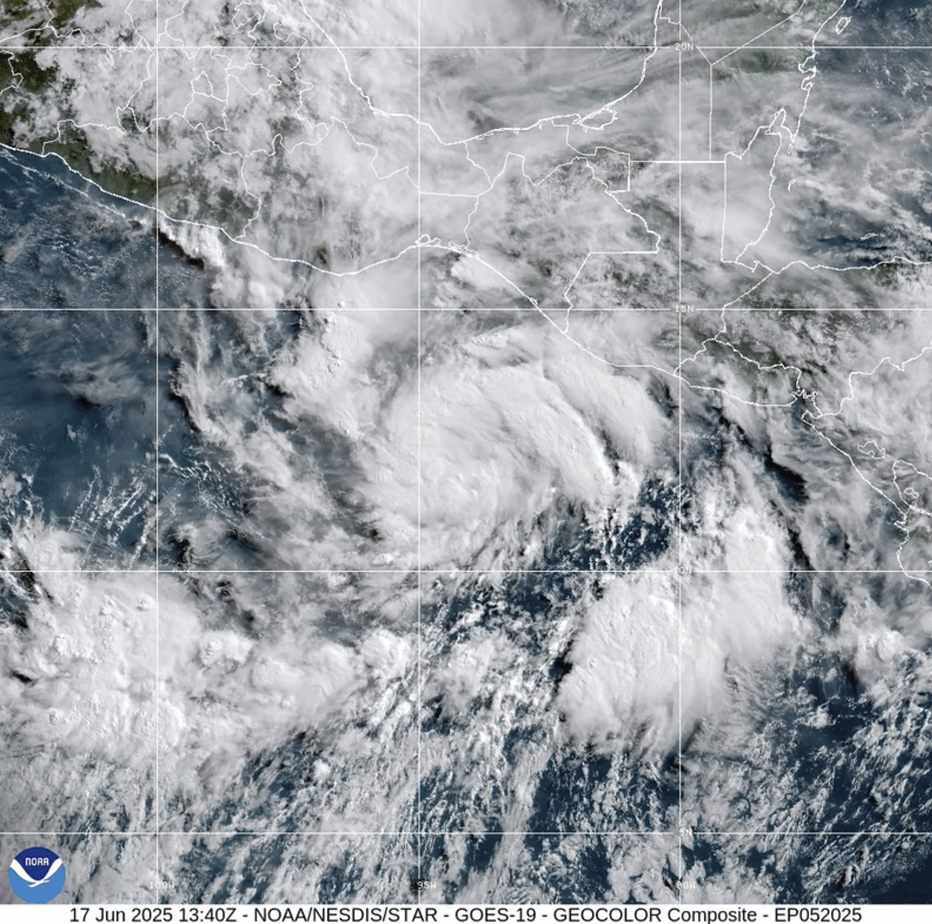 This satellite image provided by the National Oceanic and Atmospheric Administration (NOAA) shows Tropical Storm Erick, Tuesday, June 17, 2025. (NOAA via AP)