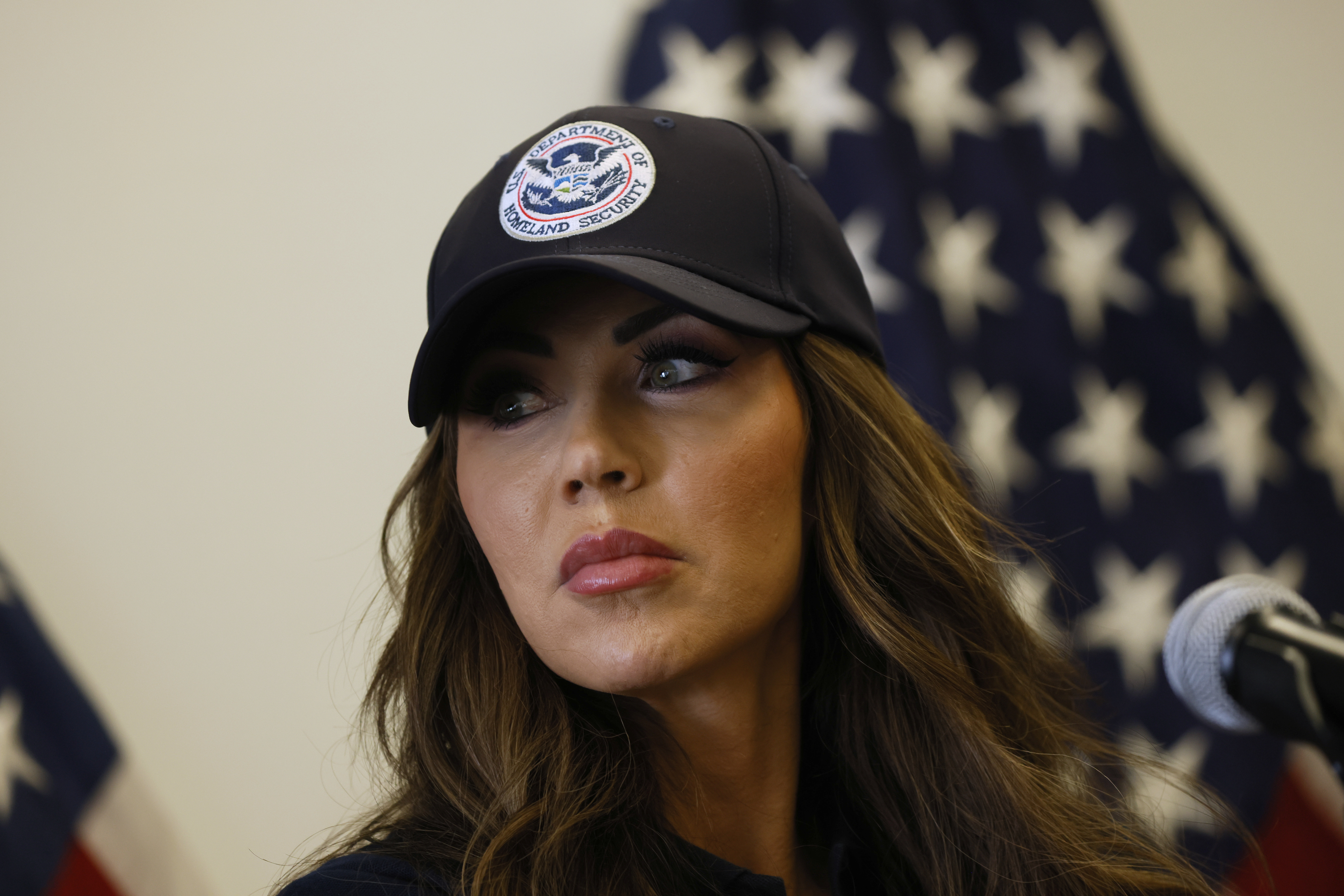 Homeland Security Secretary Kristi Noem holds a news conference regarding the recent protests in Los Angeles on Thursday, June 12, 2025. (AP Photo/Etienne Laurent)