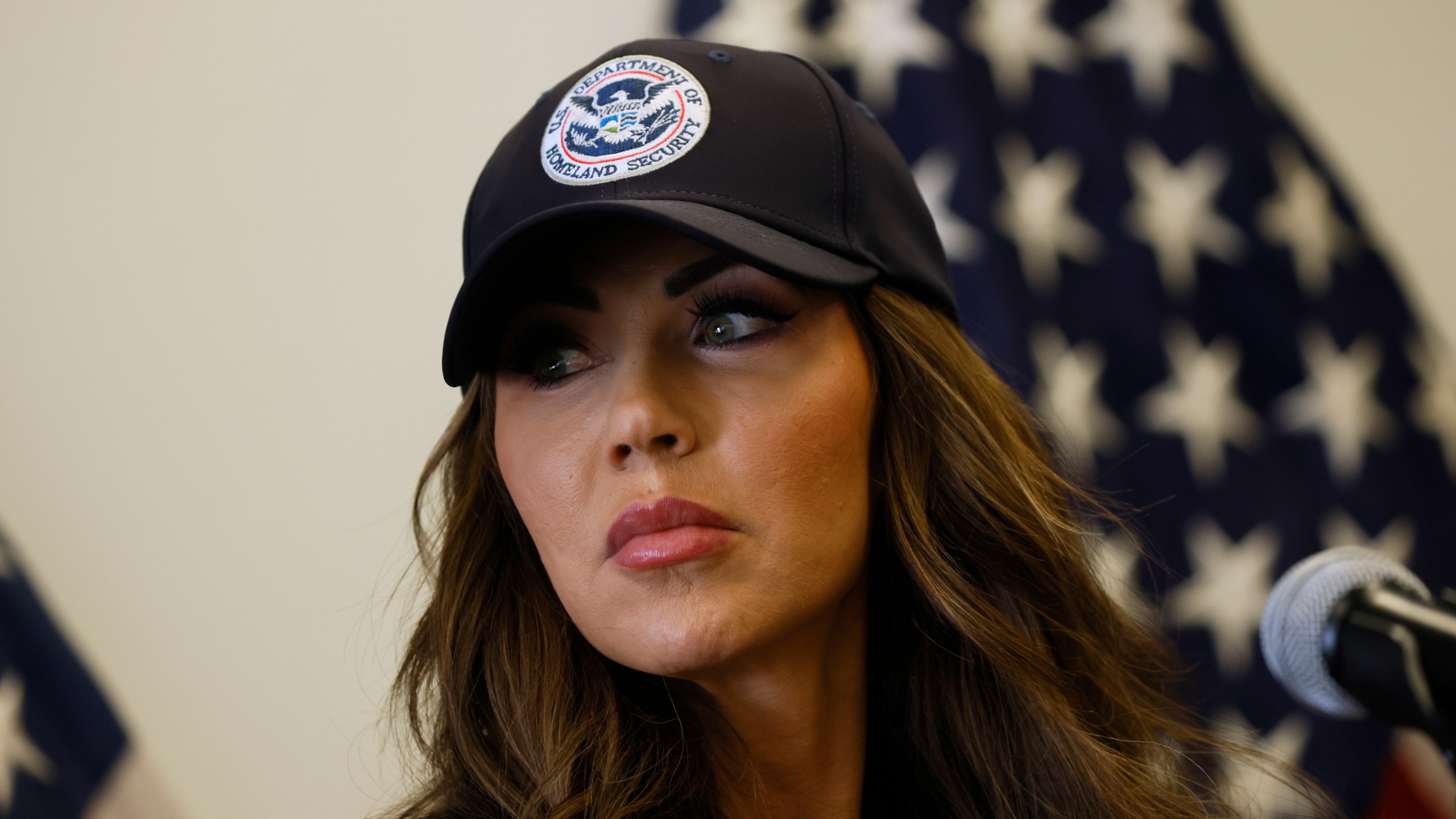 Homeland Security Secretary Kristi Noem holds a news conference regarding the recent protests in Los Angeles on Thursday, June 12, 2025. (AP Photo/Etienne Laurent)