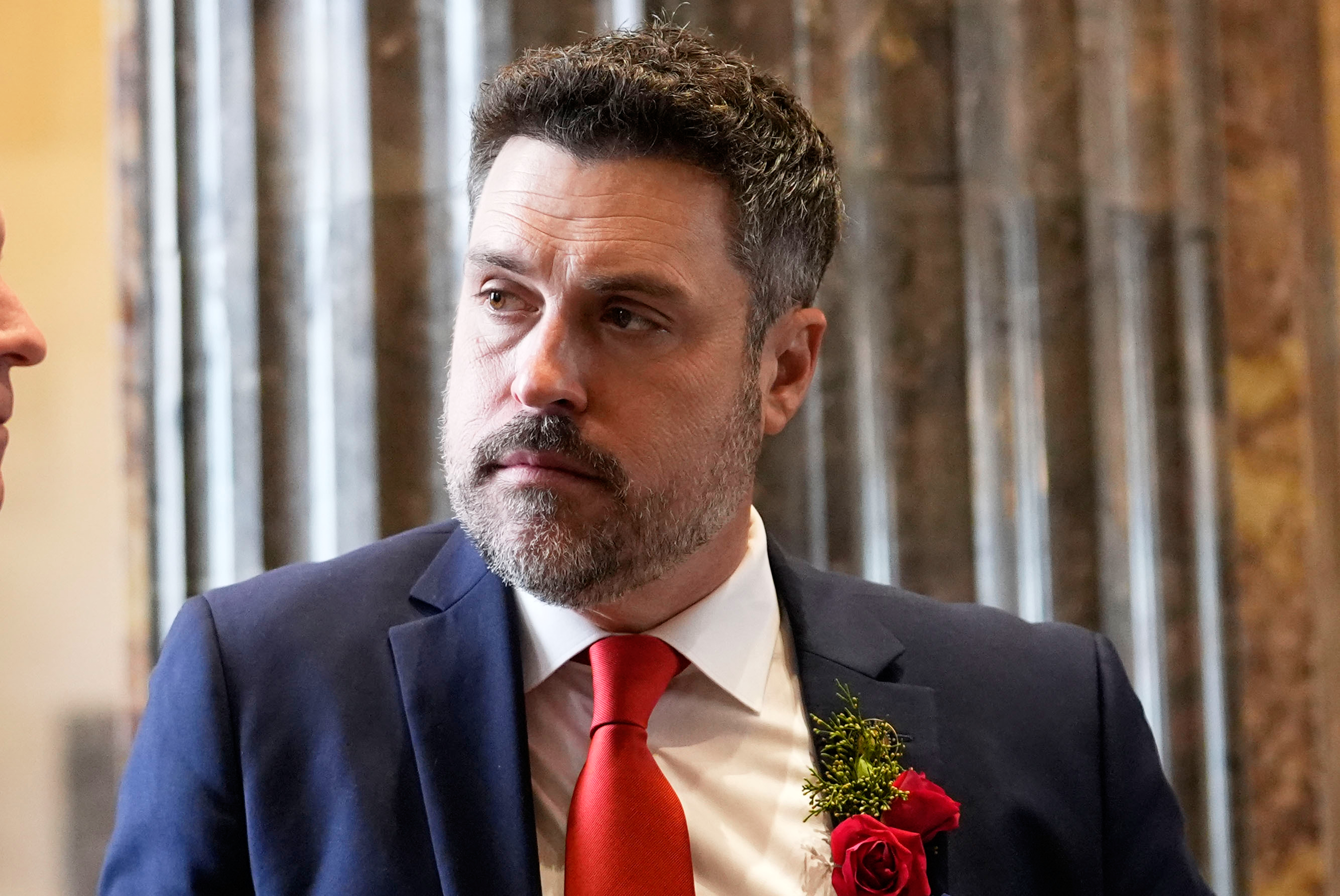 FILE - Republican state senator Blake Miguez converses before the swearing in of the Louisiana state legislature in Baton Rouge, La., on Jan. 8, 2024. (AP Photo/Gerald Herbert, Pool, File)