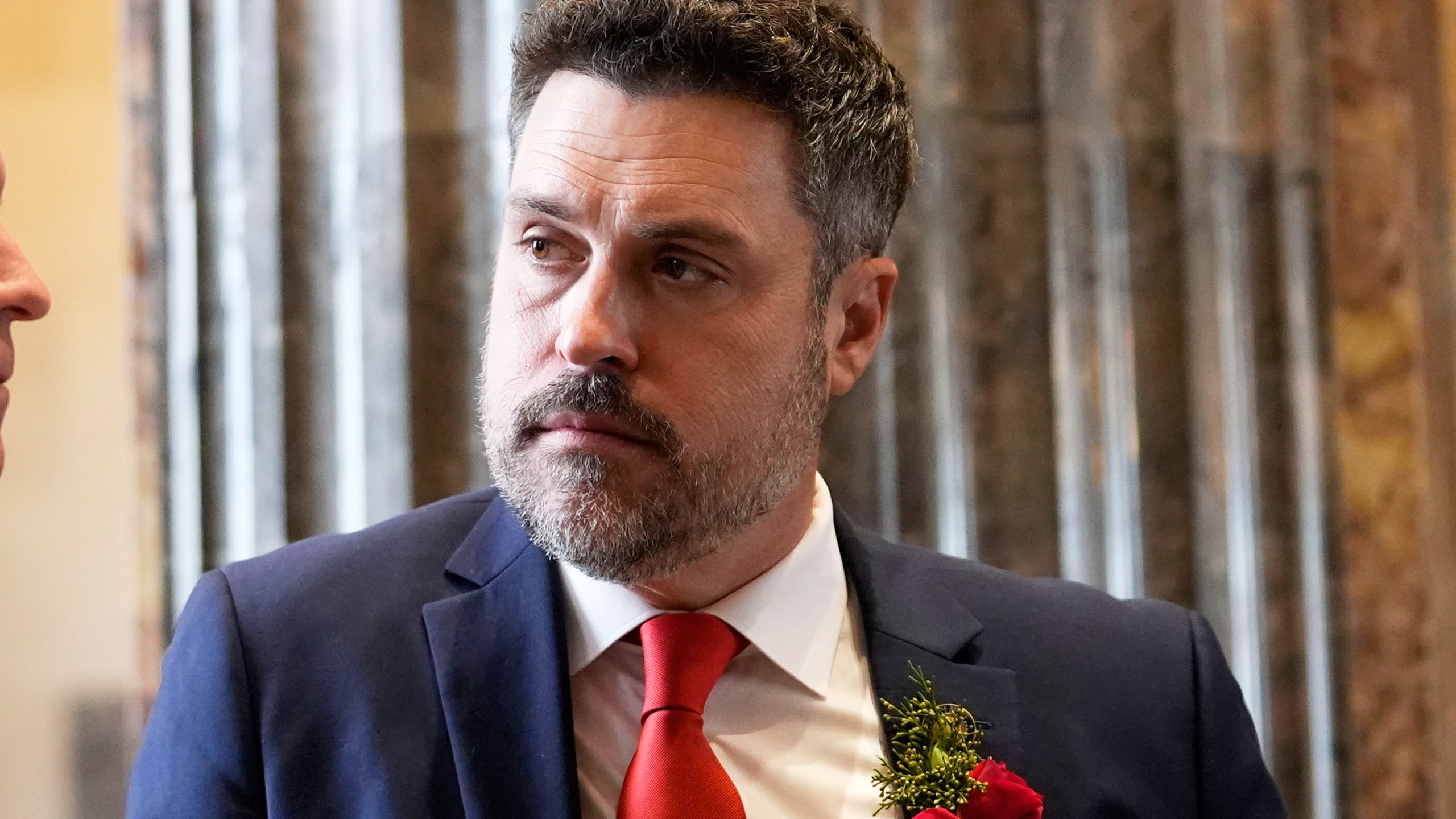FILE - Republican state senator Blake Miguez converses before the swearing in of the Louisiana state legislature in Baton Rouge, La., on Jan. 8, 2024. (AP Photo/Gerald Herbert, Pool, File)