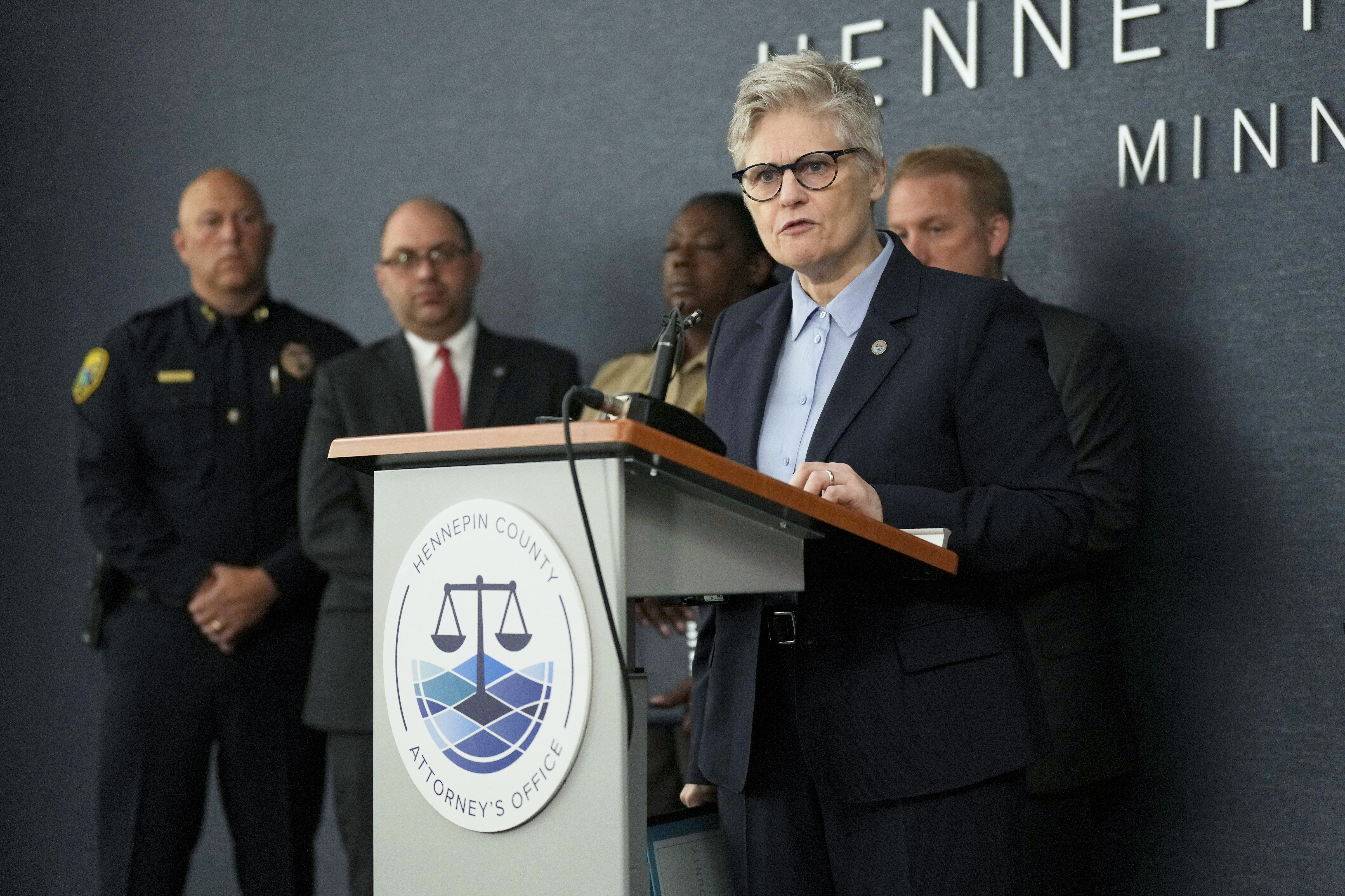 Hennepin County Attorney Mary Moriarty speaks during a news conference at the Hennepin County Attorney’s Office in Minneapolis, Monday, June 16, 2025. (AP Photo/George Walker IV)