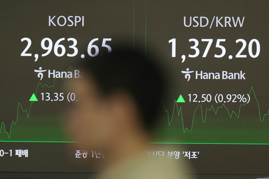 A dealer walks past near the screens showing the Korea Composite Stock Price Index (KOSPI), left, and the foreign exchange rate between U.S. dollar and South Korean won at a dealing room of Hana Bank in Seoul, South Korea, Wednesday, June 18, 2025. (AP Photo/Lee Jin-man)