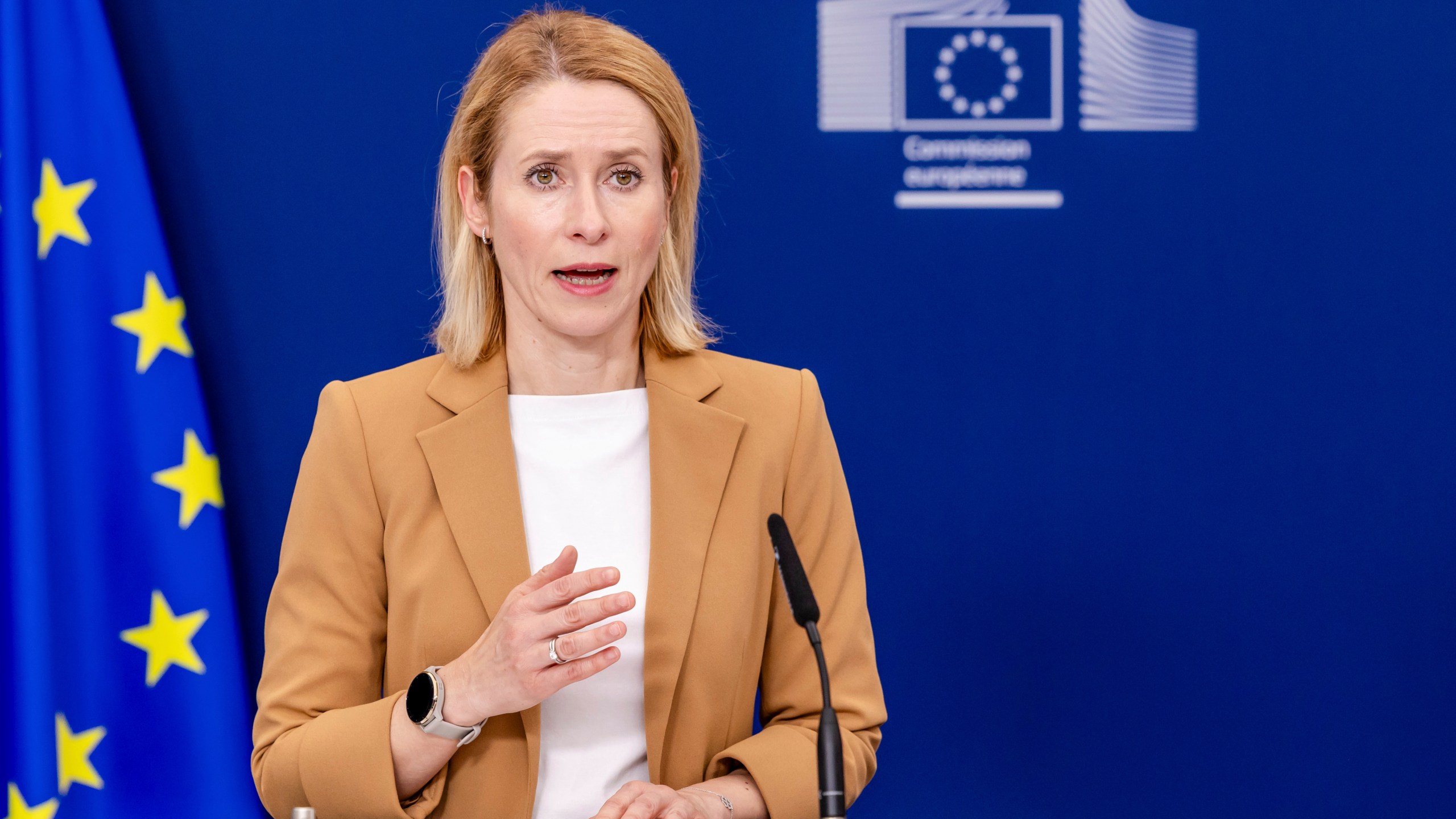 European Union foreign policy chief Kaja Kallas addresses the media at EU headquarters in Brussels, Tuesday, June 10, 2025. (AP Photo/Geert Vanden Wijngaert)