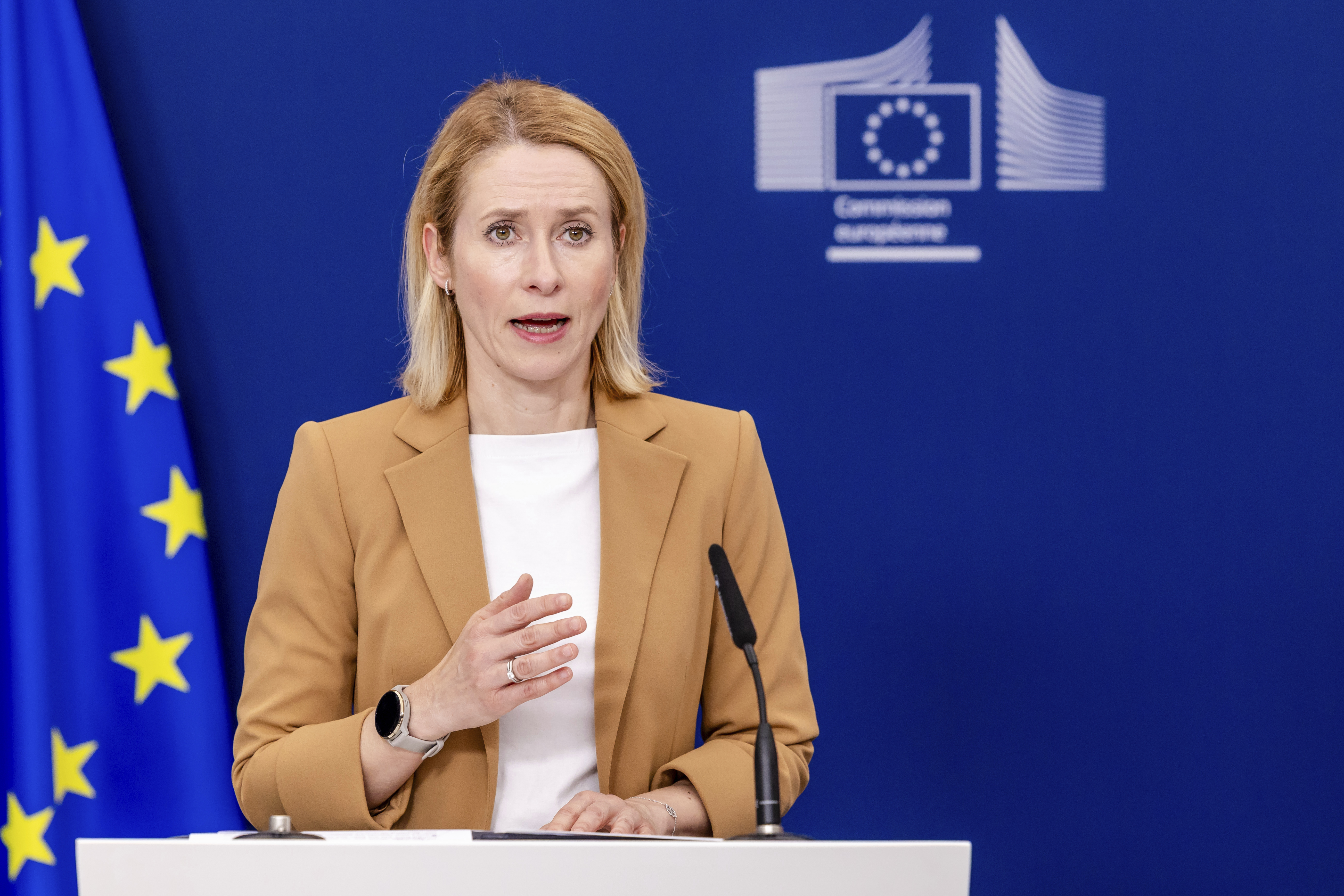 European Union foreign policy chief Kaja Kallas addresses the media at EU headquarters in Brussels, Tuesday, June 10, 2025. (AP Photo/Geert Vanden Wijngaert)