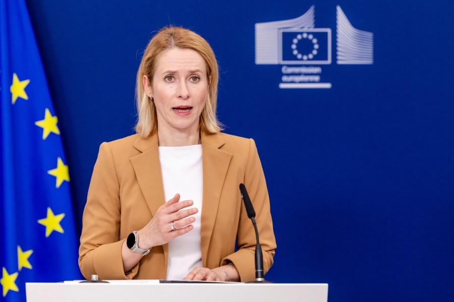 European Union foreign policy chief Kaja Kallas addresses the media at EU headquarters in Brussels, Tuesday, June 10, 2025. (AP Photo/Geert Vanden Wijngaert)