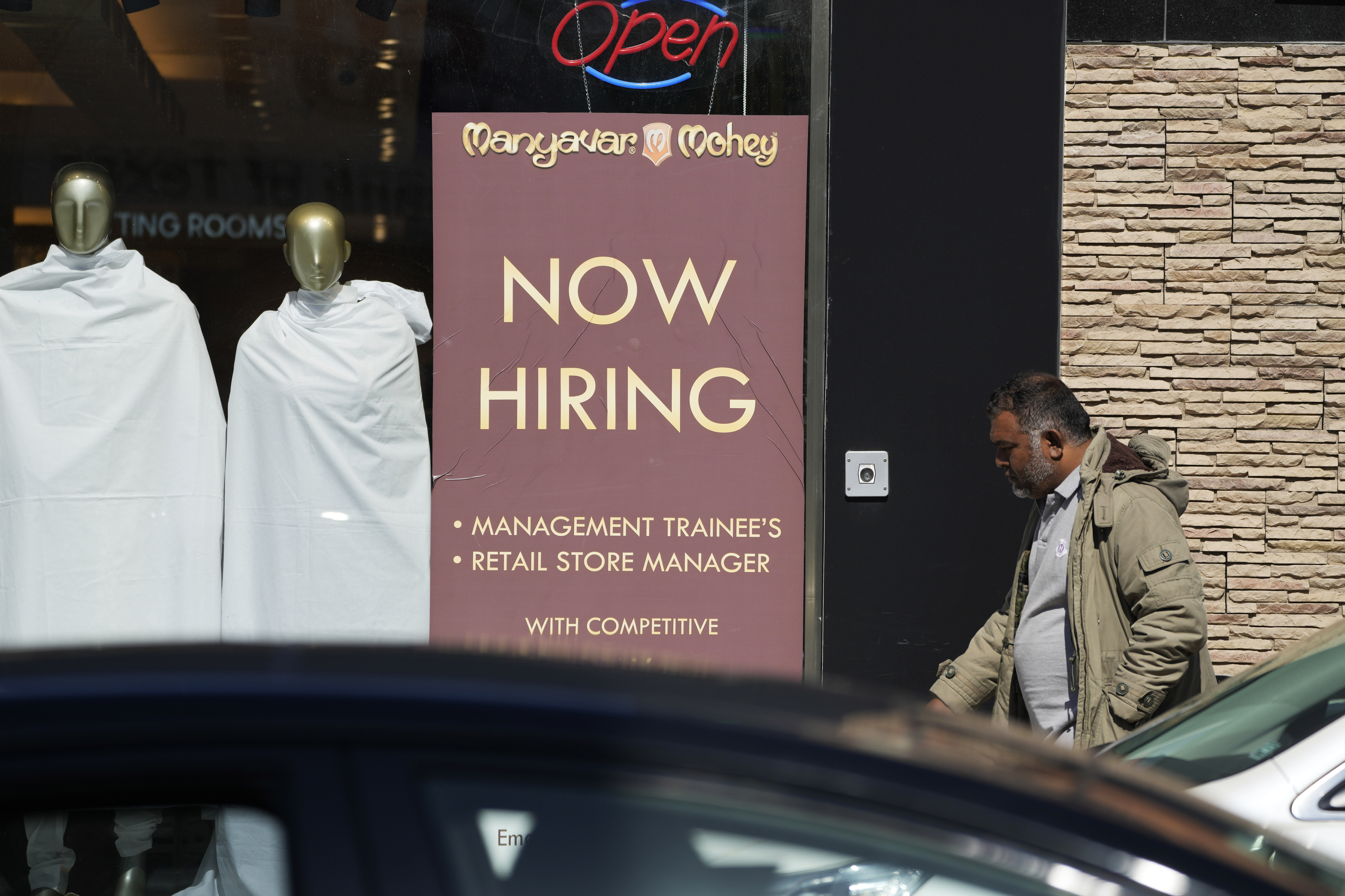 FILE - A hiring sign is displayed at a retail store in Chicago on Monday, March 11, 2024. (AP Photo/Nam Y. Huh, File)