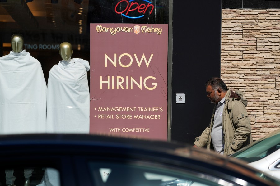 FILE - A hiring sign is displayed at a retail store in Chicago on Monday, March 11, 2024. (AP Photo/Nam Y. Huh, File)