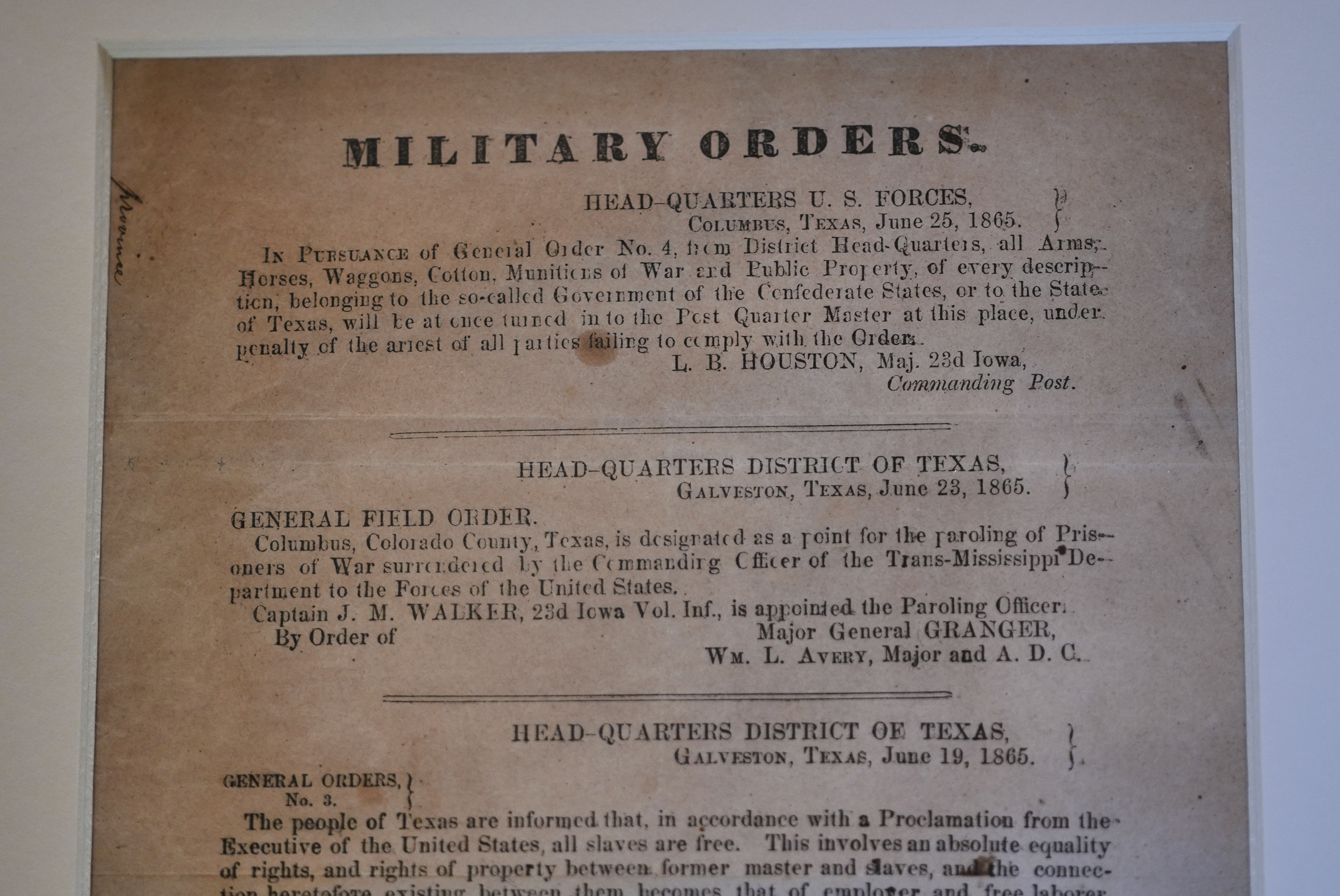 A view of a section of the 1865 Juneteenth General Order No. 3 that is displayed by the Dallas Historical Society at the Fair Park Hall of State in Dallas, Friday, June 6, 2025. (AP Photo/LM Otero)