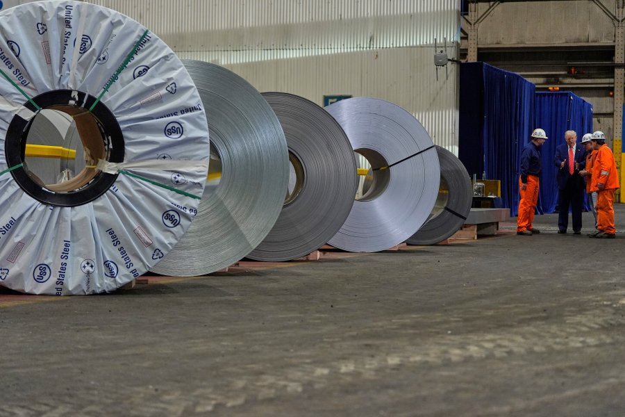 FILE - President Donald Trump talks to workers as he tours U.S. Steel Corporation's Mon Valley Works-Irvin plant, Friday, May 30, 2025, in West Mifflin, Pa. (AP Photo/Julia Demaree Nikhinson, File)