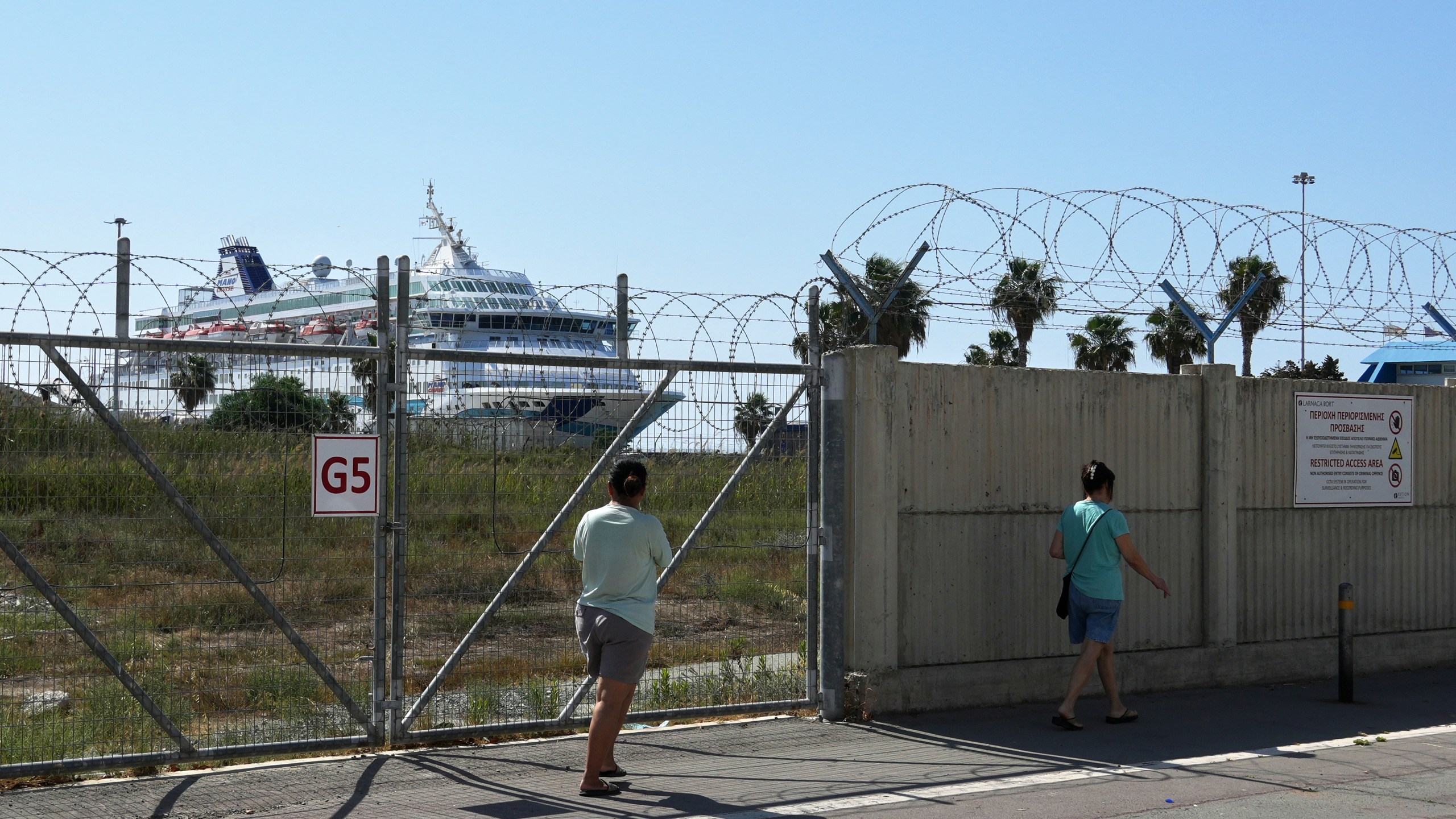 The cruise ship which transported evacuees from Israel is docked at the port of Larnaca, Cyprus, Wednesday, June 18, 2025. (AP Photo/Petros Karadjias)
