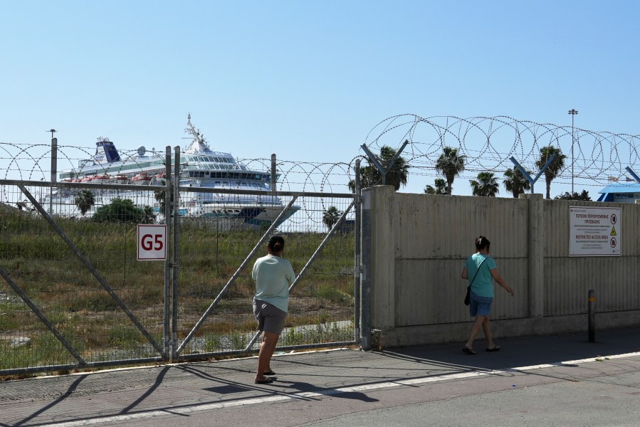 The cruise ship which transported evacuees from Israel is docked at the port of Larnaca, Cyprus, Wednesday, June 18, 2025. (AP Photo/Petros Karadjias)