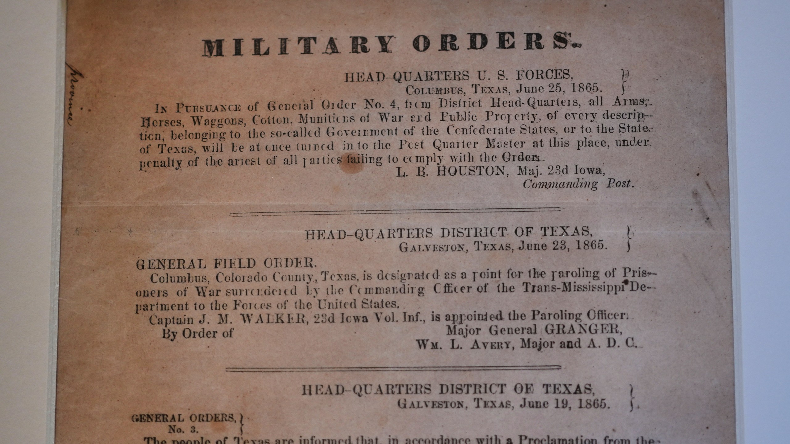 A view of a section of the 1865 Juneteenth General Order No. 3 that is displayed by the Dallas Historical Society at the Fair Park Hall of State in Dallas, Friday, June 6, 2025. (AP Photo/LM Otero)