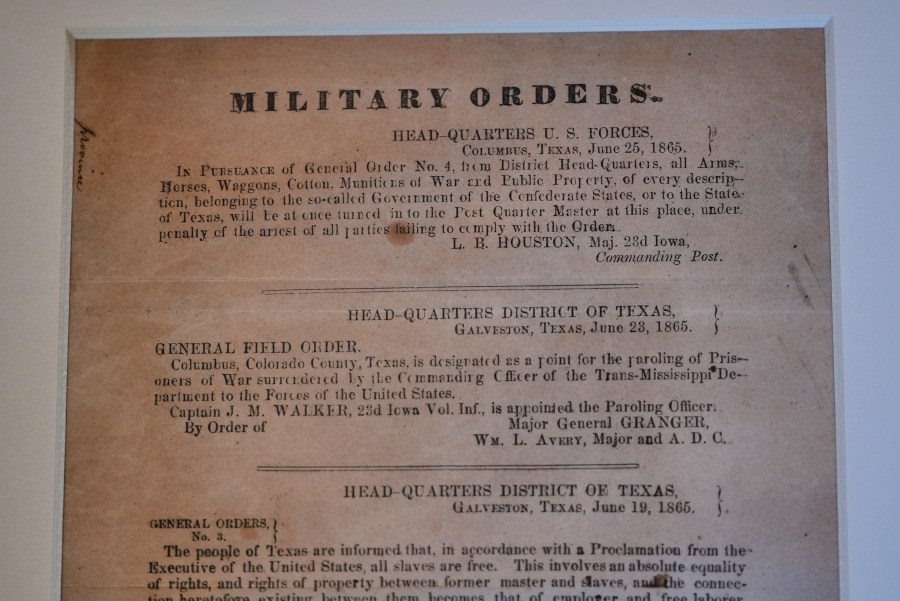 A view of a section of the 1865 Juneteenth General Order No. 3 that is displayed by the Dallas Historical Society at the Fair Park Hall of State in Dallas, Friday, June 6, 2025. (AP Photo/LM Otero)
