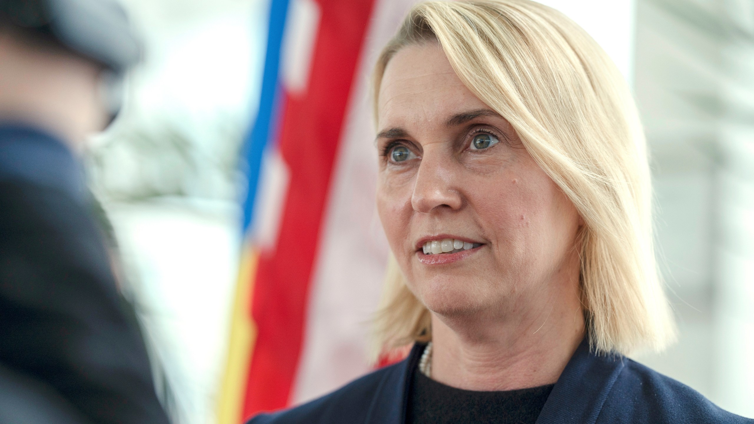 FILE - U.S. Ambassador to Ukraine Bridget Brink speaks during a news conference in Izmail, Ukraine, April 26, 2023. (AP Photo/Andrew Kravchenko, File)