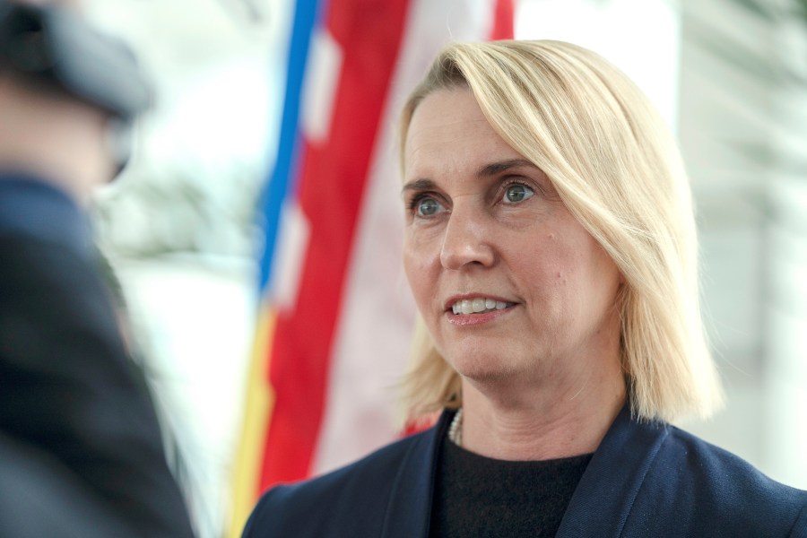FILE - U.S. Ambassador to Ukraine Bridget Brink speaks during a news conference in Izmail, Ukraine, April 26, 2023. (AP Photo/Andrew Kravchenko, File)