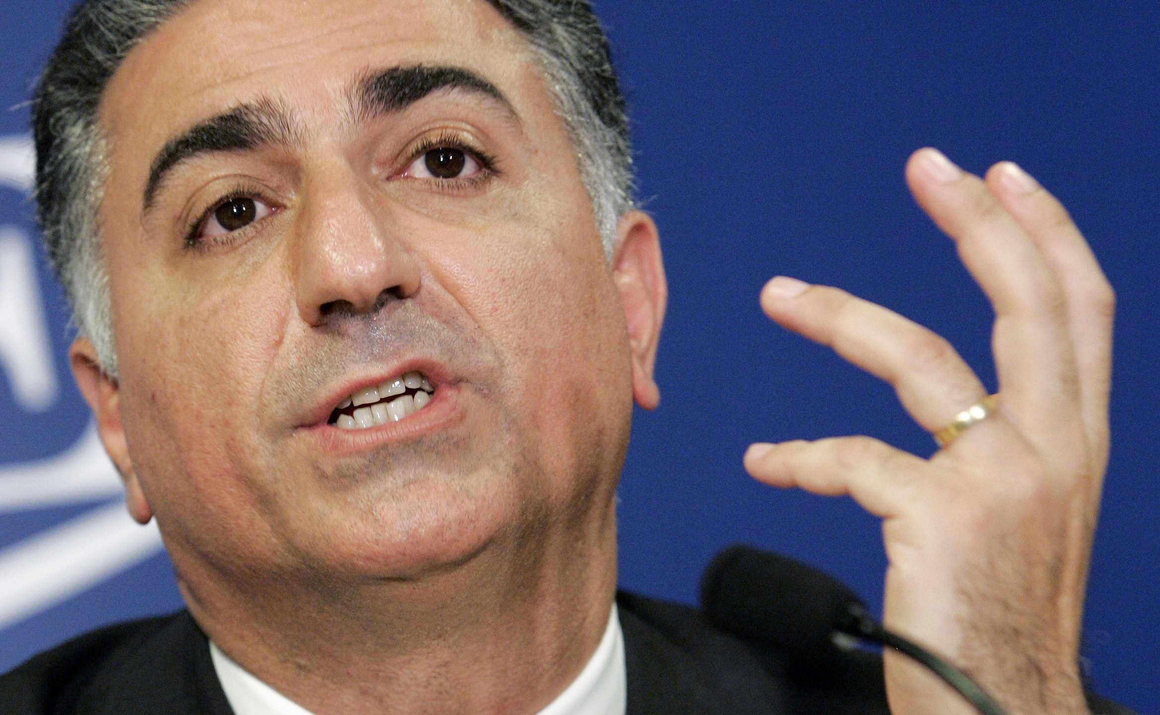 FILE - Reza Pahlavi, the son of Iran's toppled Shah Mohammad Reza Pahlavi, holds a news conference in Paris on June 7, 2006. (AP Photo/Jacques Brinon, File)