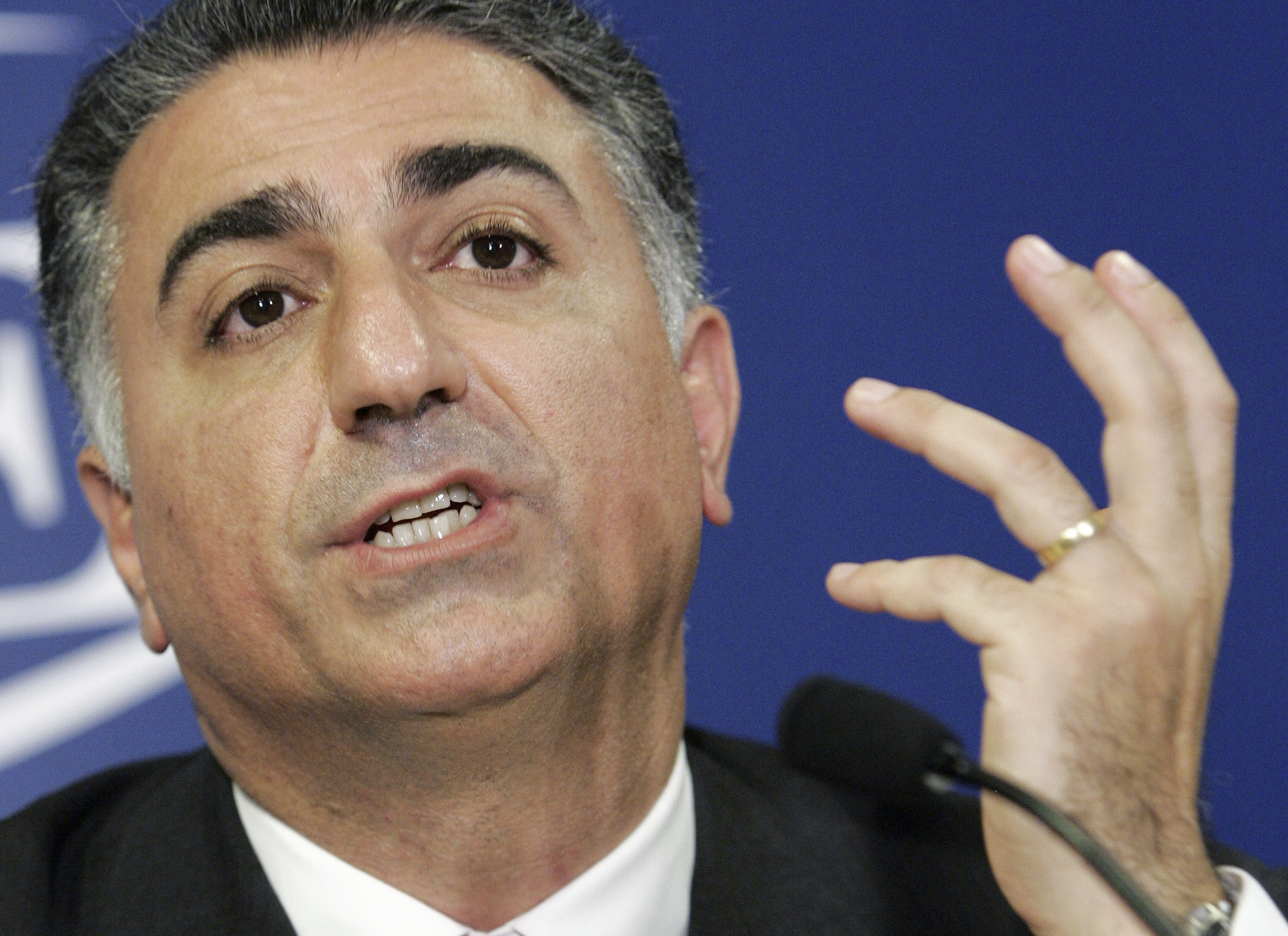 FILE - Reza Pahlavi, the son of Iran's toppled Shah Mohammad Reza Pahlavi, holds a news conference in Paris on June 7, 2006. (AP Photo/Jacques Brinon, File)