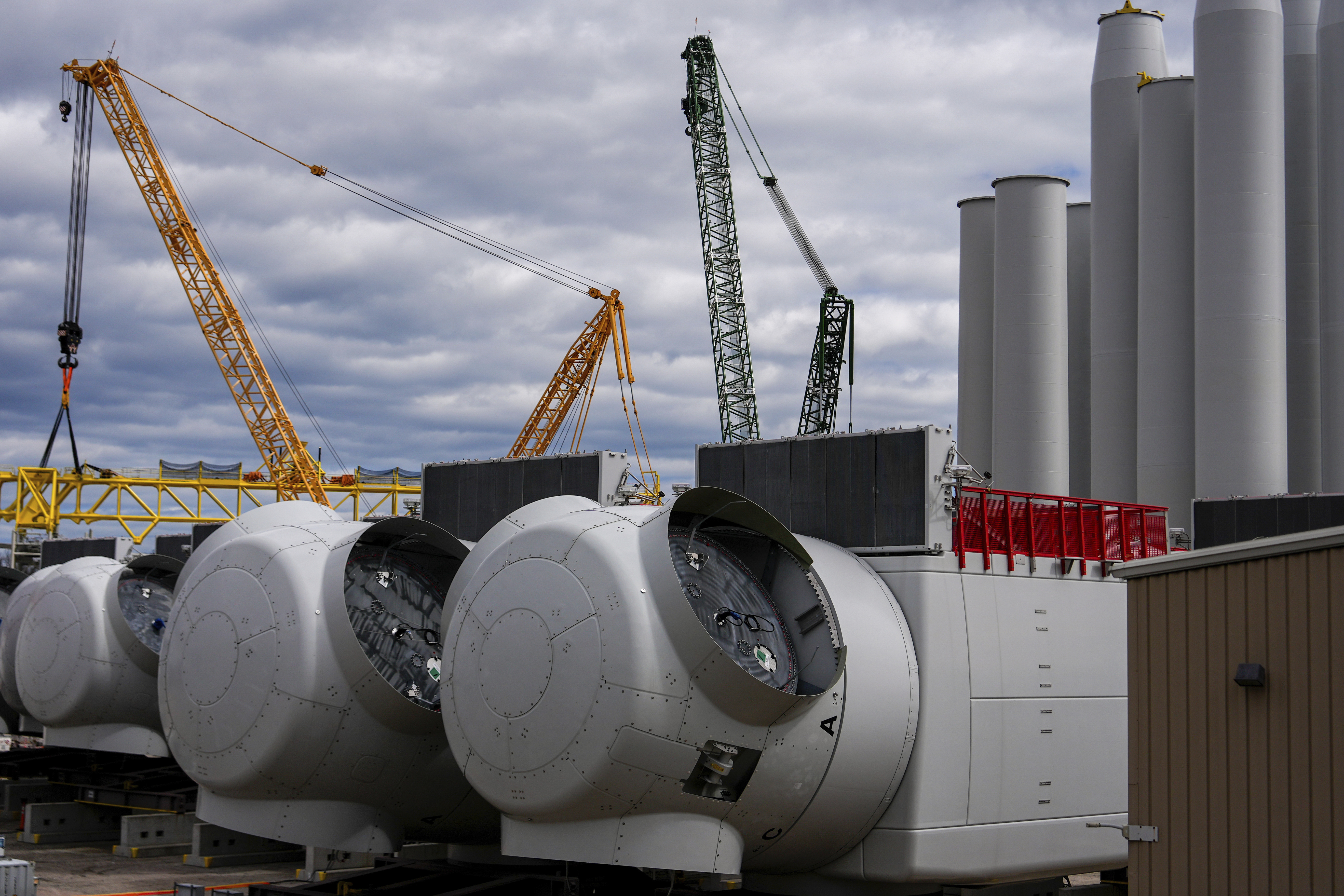 FILE - Wind turbine components are visible at New London State Pier, April 16, 2025, in New London, Conn. (AP Photo/Julia Demaree Nikhinson, File)