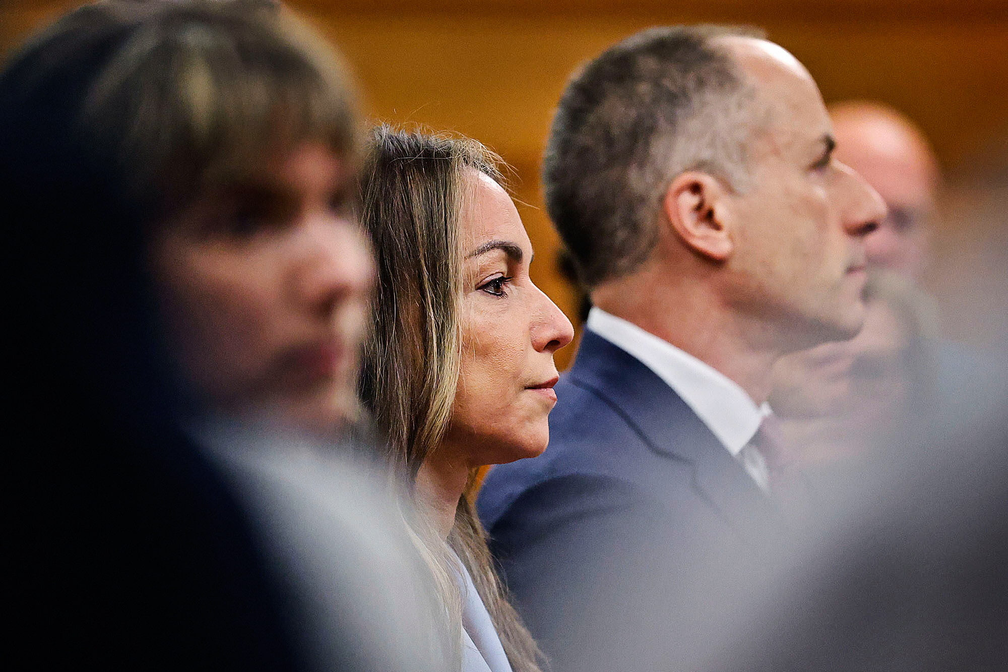 Karen Read and her defense team listen to Judge Beverly Cannone as she instructs the jury to continue their deliberations during her trial at Norfolk Superior Court, Wednesday, June 18, 2025, in Dedham, Mass. (Greg Derr/The Patriot Ledger via AP, Pool)