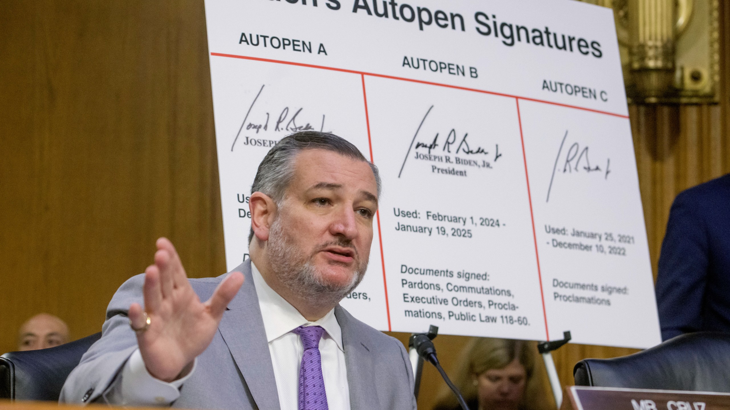 Sen. Ted Cruz, R-Texas, questions the witnesses during a Senate Committee on the Judiciary hearing on Capitol Hill, Wednesday, June 18, 2025, in Washington. (AP Photo/Rod Lamkey, Jr.)