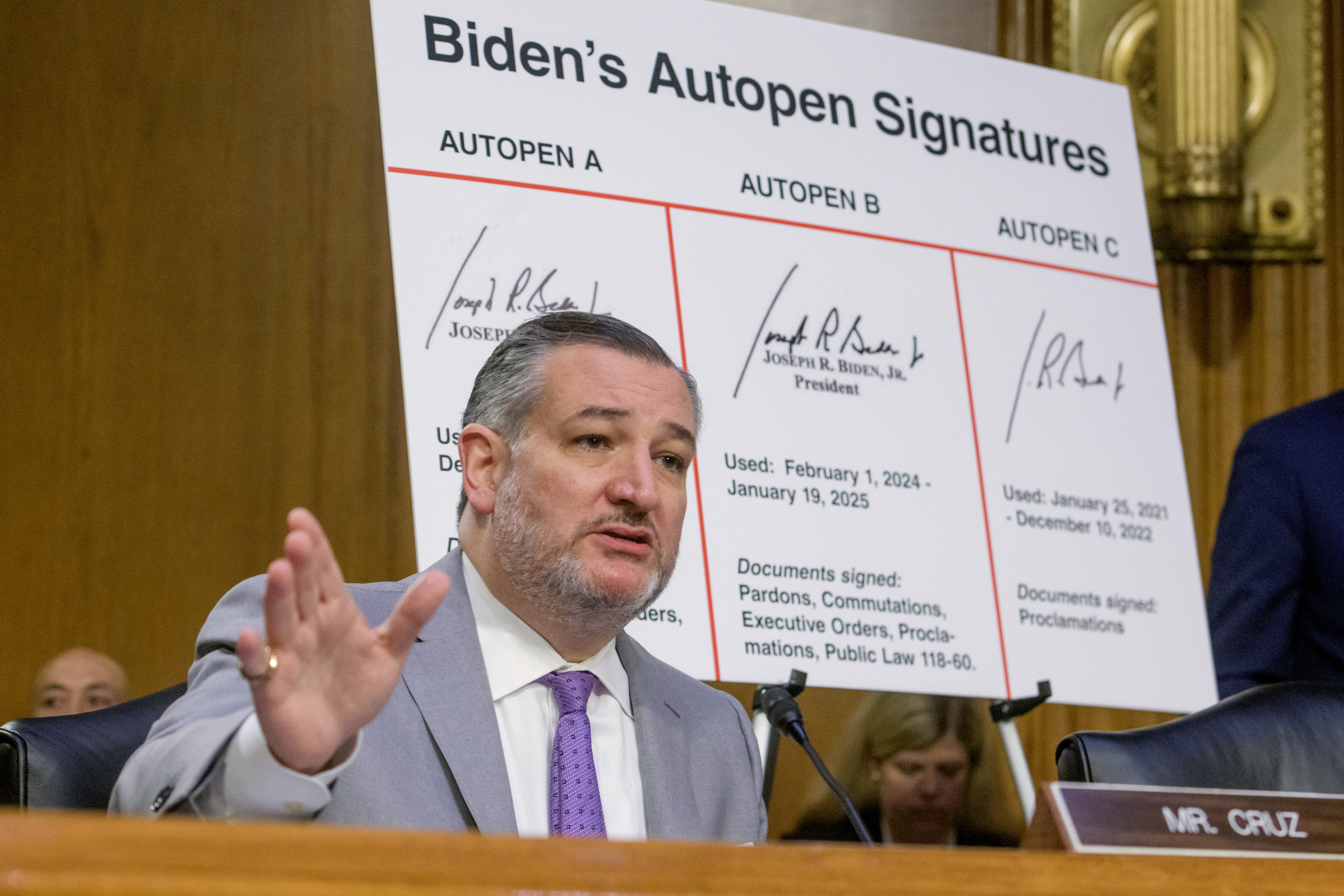 Sen. Ted Cruz, R-Texas, questions the witnesses during a Senate Committee on the Judiciary hearing on Capitol Hill, Wednesday, June 18, 2025, in Washington. (AP Photo/Rod Lamkey, Jr.)