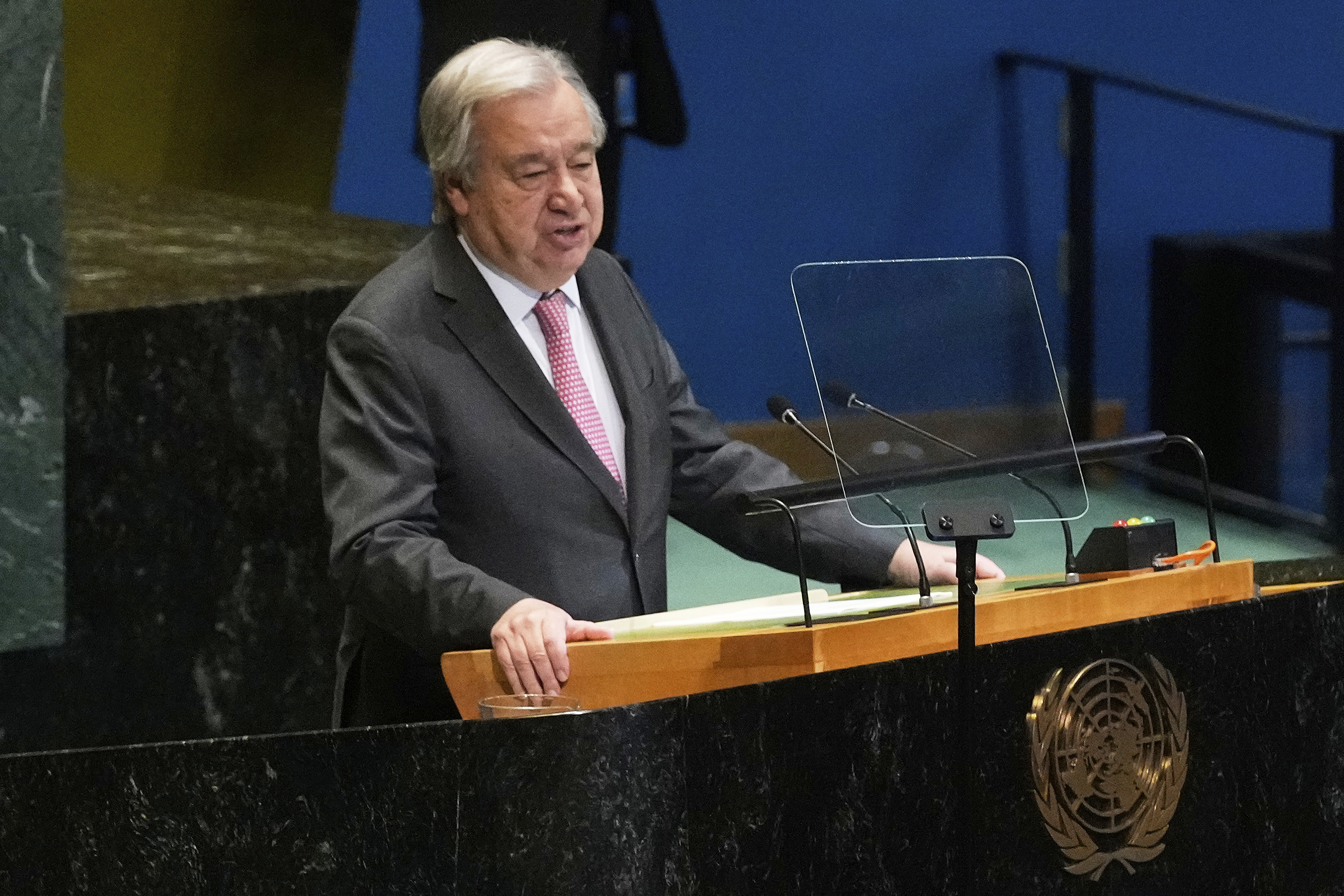 U.N. Secretary General Antonio Guterres addresses the United Nations General Assembly, Monday, June 2, 2025. (AP Photo/Richard Drew)