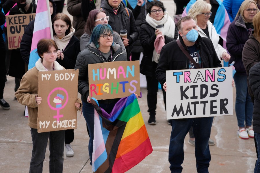 FILE - People gather in support of transgender youth during a rally at the Utah State Capitol Tuesday, Jan. 24, 2023, in Salt Lake City. (AP Photo/Rick Bowmer, File)