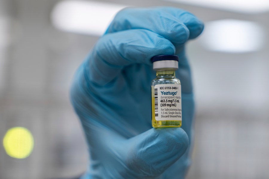 This photo provided by Gilead Sciences shows a vial of the company's HIV prevention medication, Yeztugo, (lenacapvir) at a manufacturing facility in La Verne, Calif., in June 2025. (Gilead Sciences via AP)