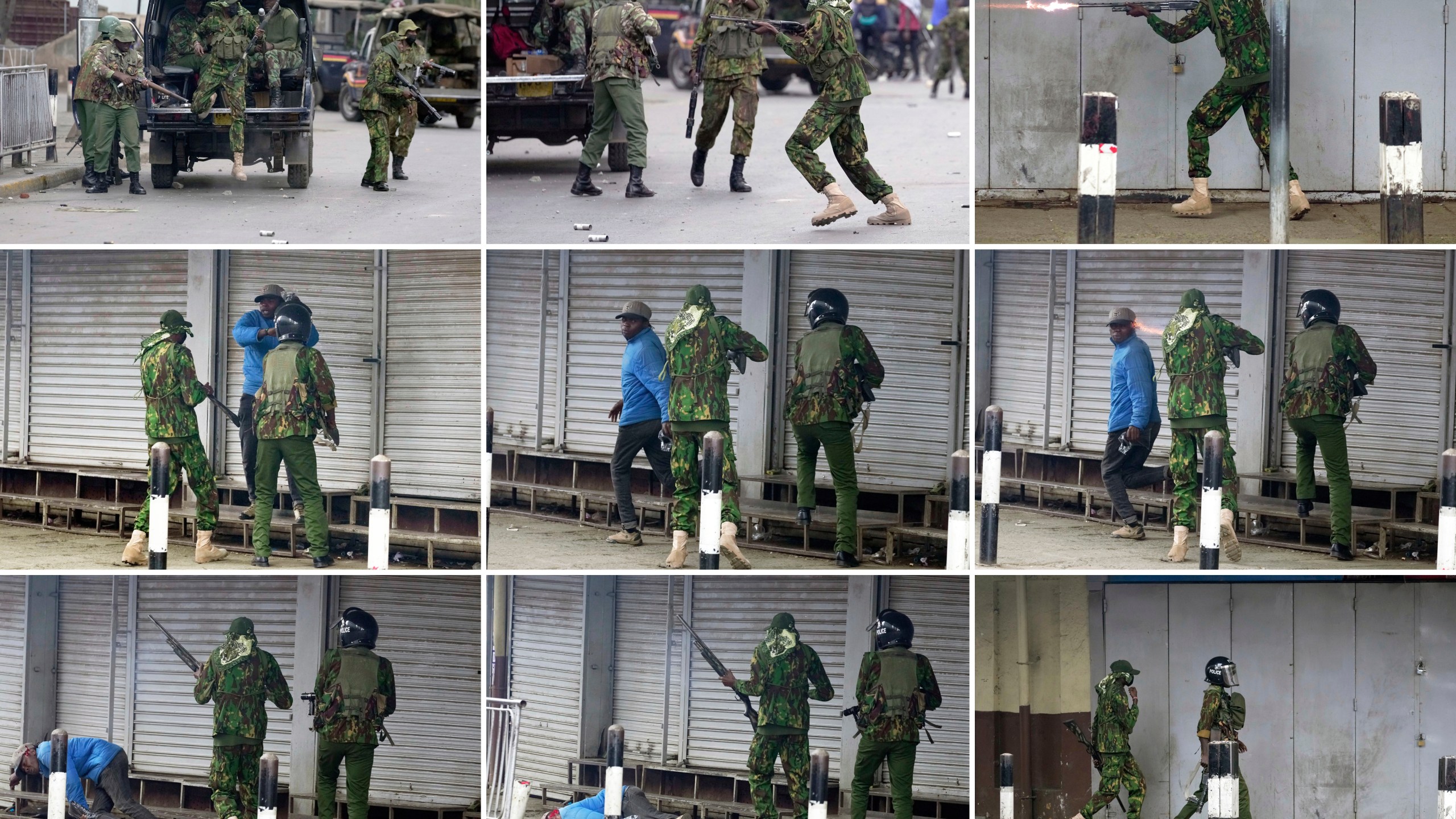 ADDS NAME: EDS NOTE: GRAPHIC CONTENT - This photo combination shows the sequence of events leading to a Kenyan police officer shooting vendor Boniface Kariuki in the head at close range, Tuesday, June 17, 2025, in Nairobi, Kenya. (AP Photo/Brian Inganga)