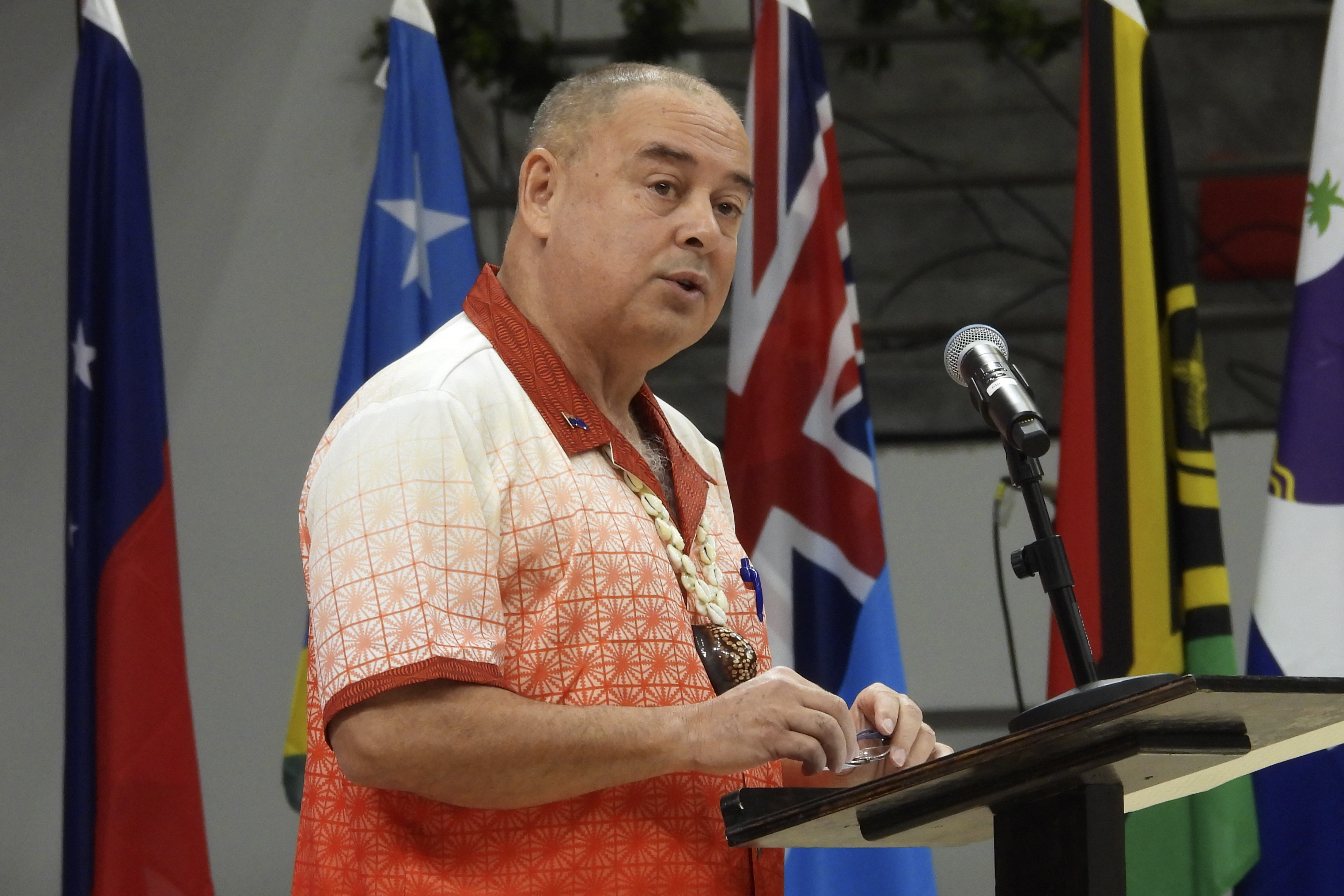 FILE - Cook Islands Prime Minister, and outgoing Chair of the Pacific Islands Forum, Mark Brown, speaks at the opening of the annual Pacific Islands Forum leaders meeting in Nuku'alofa, Tonga, on Aug. 26, 2024. (AP Photo/Charlotte Graham-McLay, File)