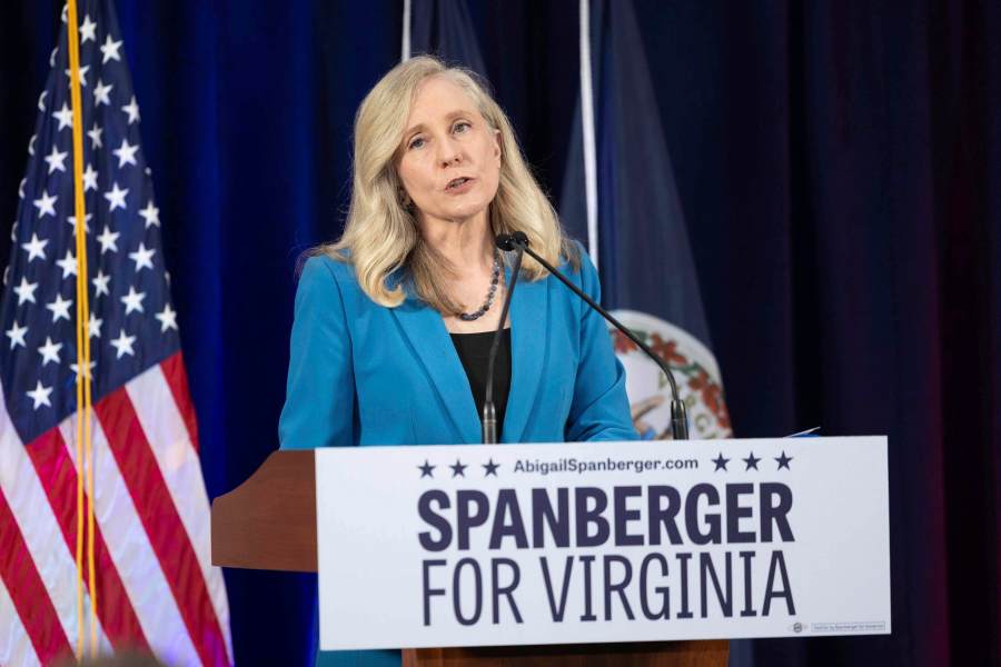 Democratic gubernatorial candidate Abigail Spanberger addresses a crowd at a rally at her alma mater, J.R. Tucker High School, in Henrico, Va., Monday, June 16, 2025. (Mike Kropf /Richmond Times-Dispatch via AP)
