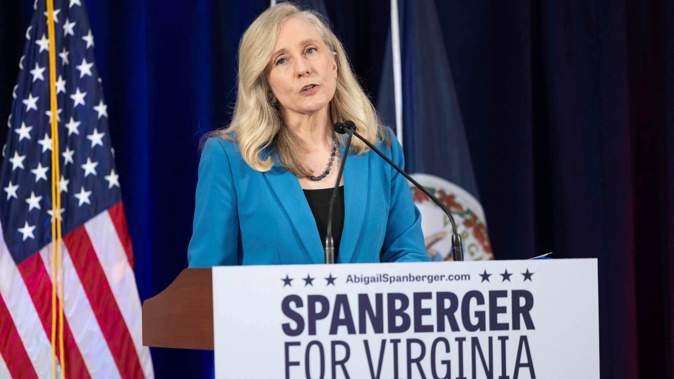 Democratic gubernatorial candidate Abigail Spanberger addresses a crowd at a rally at her alma mater, J.R. Tucker High School, in Henrico, Va., Monday, June 16, 2025. (Mike Kropf /Richmond Times-Dispatch via AP)