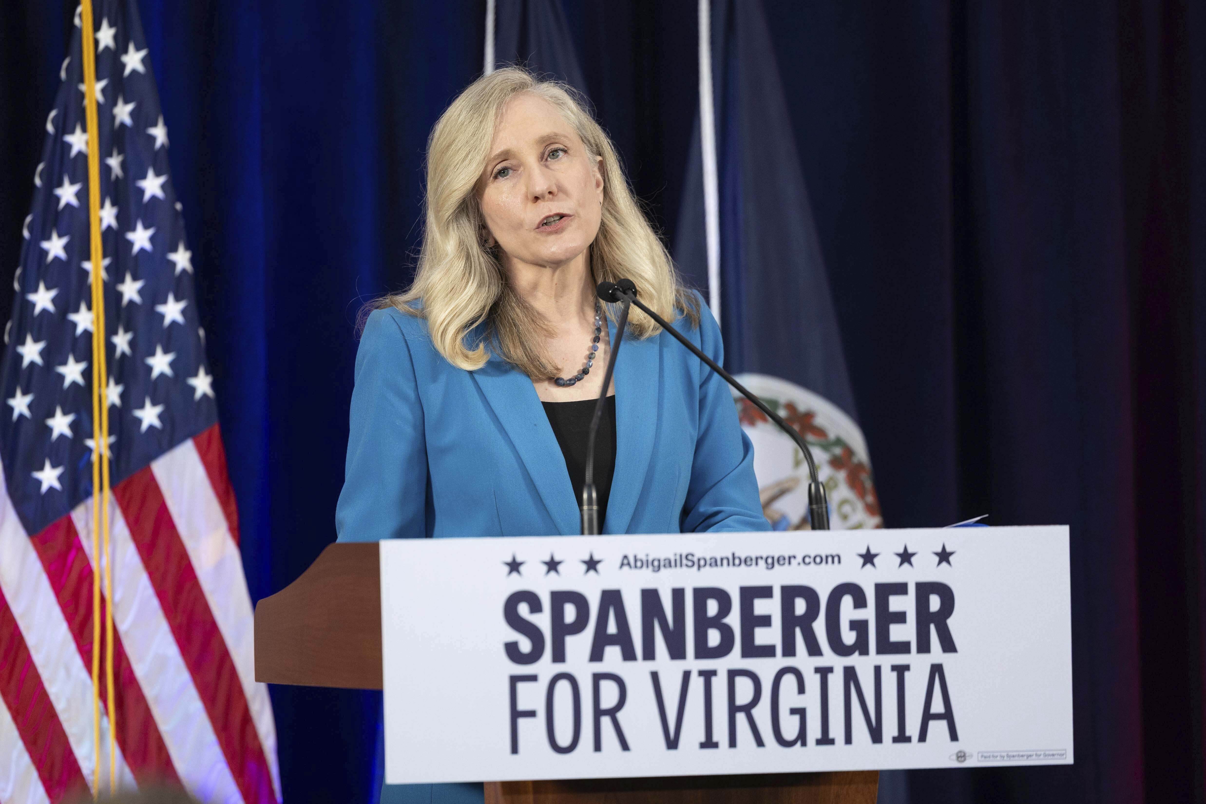Democratic gubernatorial candidate Abigail Spanberger addresses a crowd at a rally at her alma mater, J.R. Tucker High School, in Henrico, Va., Monday, June 16, 2025. (Mike Kropf /Richmond Times-Dispatch via AP)
