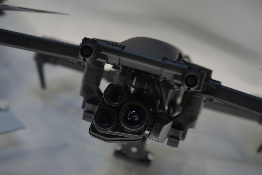The Parrot Anafi UKR drone is presented at the Paris Air Show, Wednesday, June 18, 2025 in Le Bourget, north of Paris. (AP Photo/Thibault Camus)