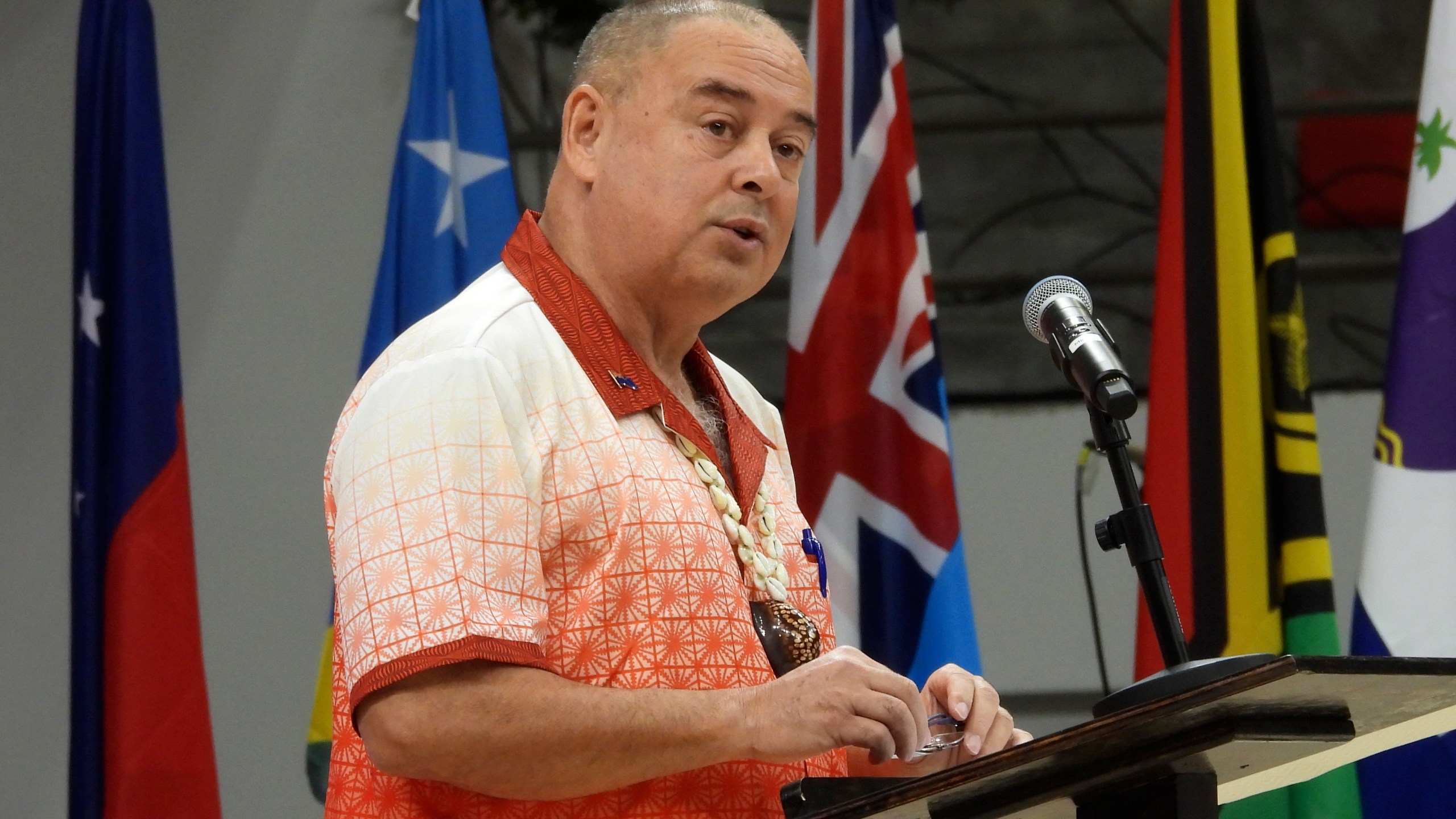 FILE - Cook Islands Prime Minister, and outgoing Chair of the Pacific Islands Forum, Mark Brown, speaks at the opening of the annual Pacific Islands Forum leaders meeting in Nuku'alofa, Tonga, on Aug. 26, 2024. (AP Photo/Charlotte Graham-McLay, File)