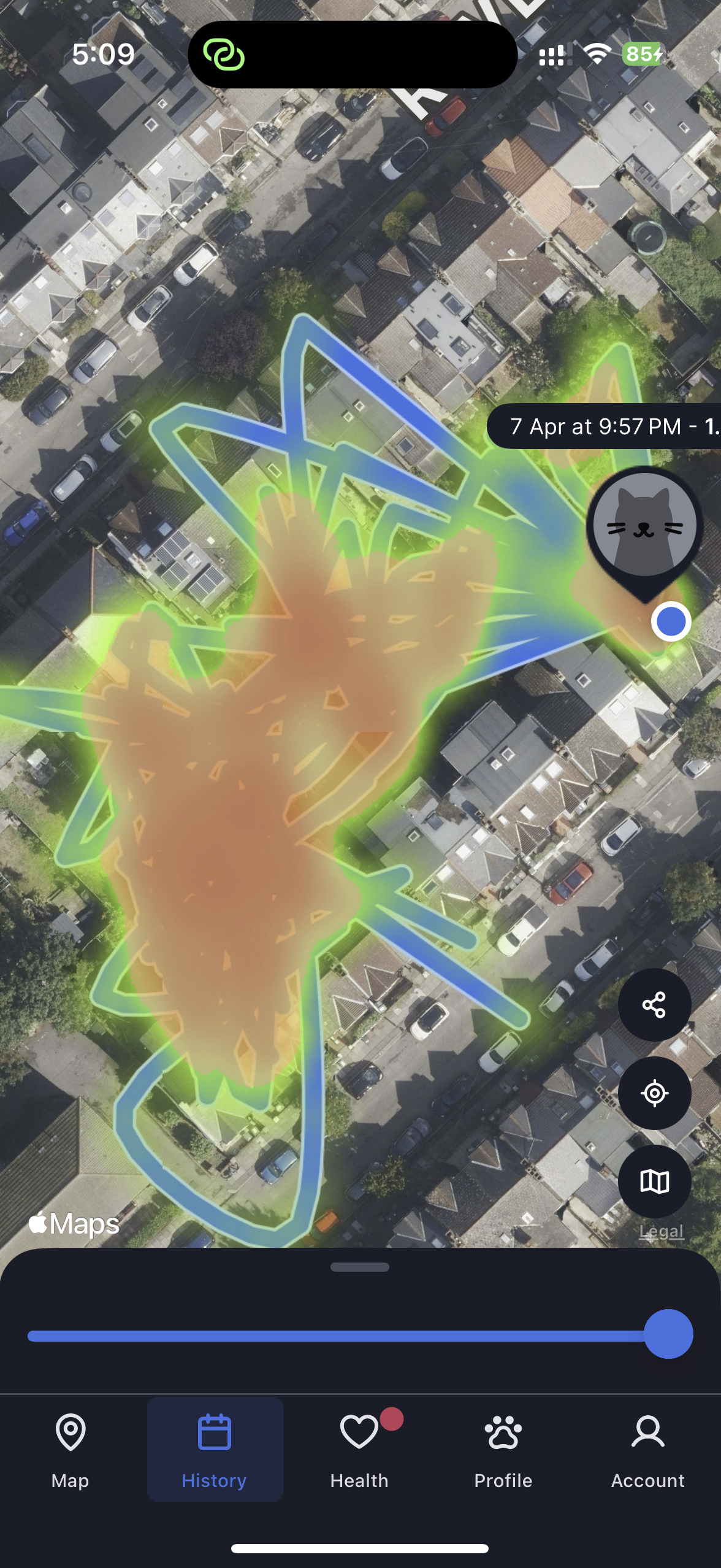 A screenshot of the Tractive pet tracking app shows a cat's travels and most frequented areas in a London neighborhood in London, Thursday, May 29, 2025.(AP Photo/Kelvin Chan)