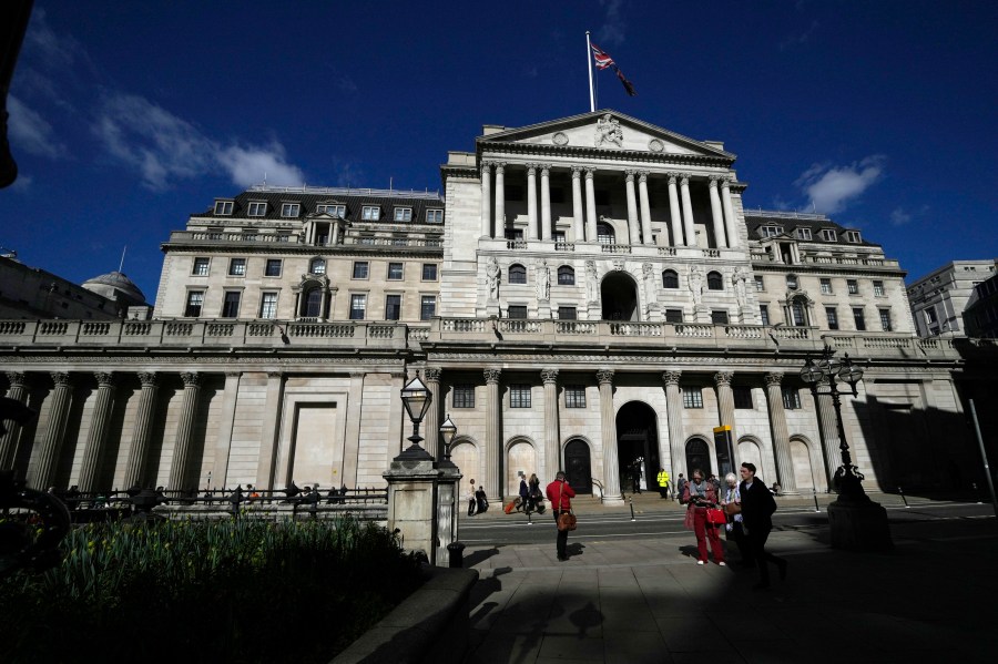 FILE - A general view of the Bank of England in the City of London, Thursday, March 17, 2022. (AP Photo/Alastair Grant, File)
