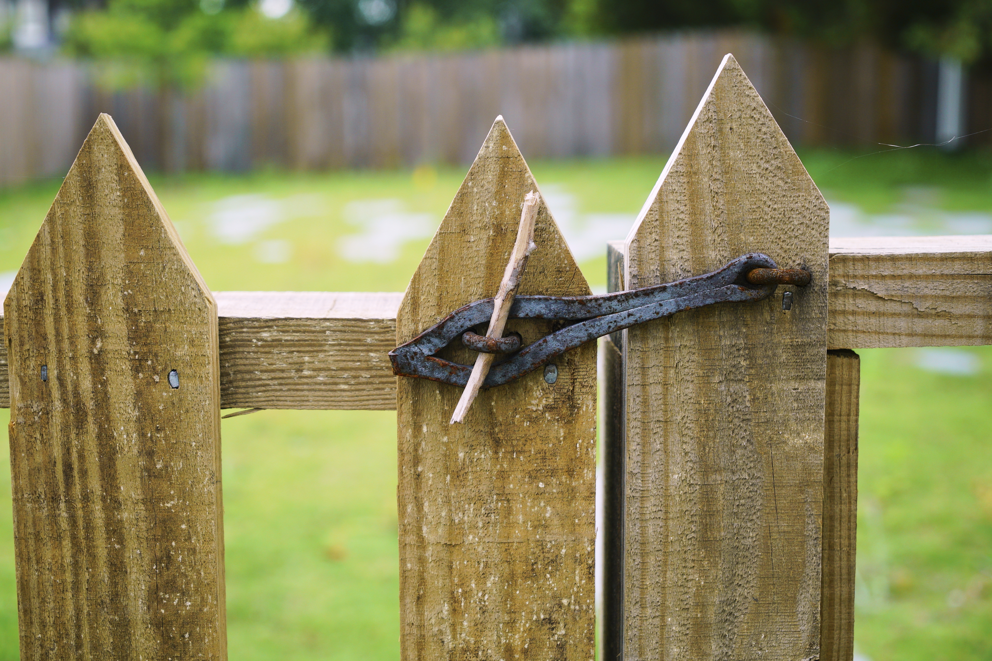 A hand-forged hasp and wooden dowel guard the entrance to the burial ground at the First Baptist Church of Williamsburg in Williamsburg, Va., on May 30, 2025. (AP Photo/Allen G. Breed)