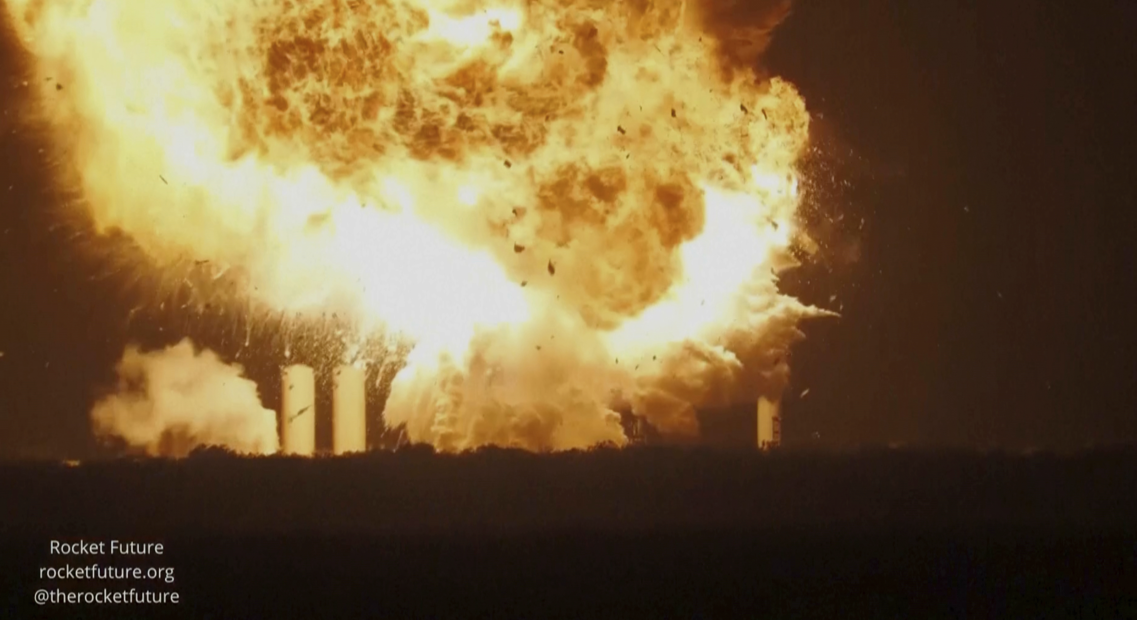 This image provided by rocketfuture.org shows a SpaceX rocket explodes at Starbase, SpaceX’s launch site at the southern tip of Texas late Wednesday, June 18, 2025. (rocketfuture.org via AP)