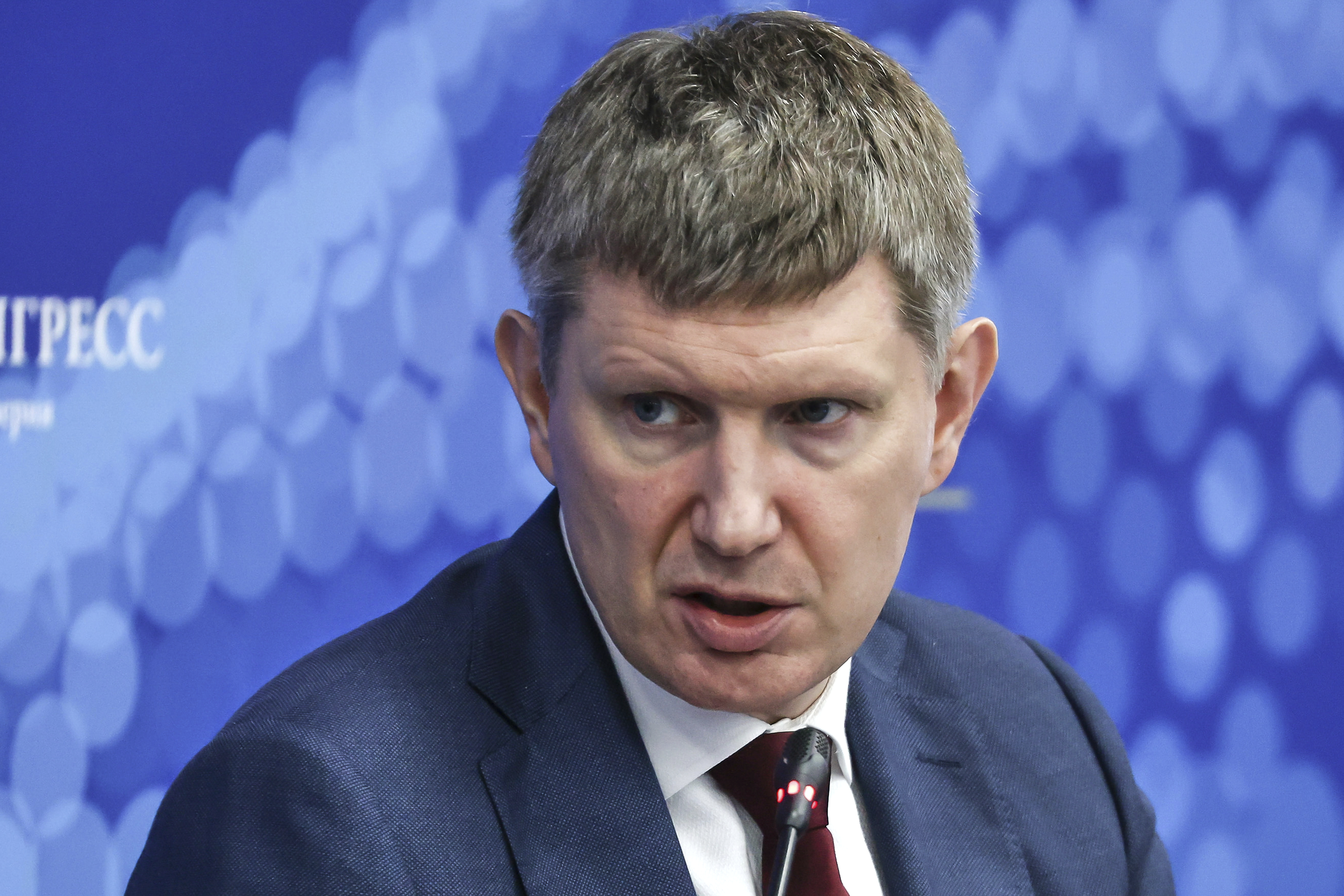 In this photo released by the Roscongress Foundation, Minister of Economic Development of the Russian Federation Maxim Reshetnikov attends a plenary session of the St. Petersburg International Economic Forum in St. Petersburg, Russia, Thursday, June 19, 2025. (Roscongress Foundation via AP)