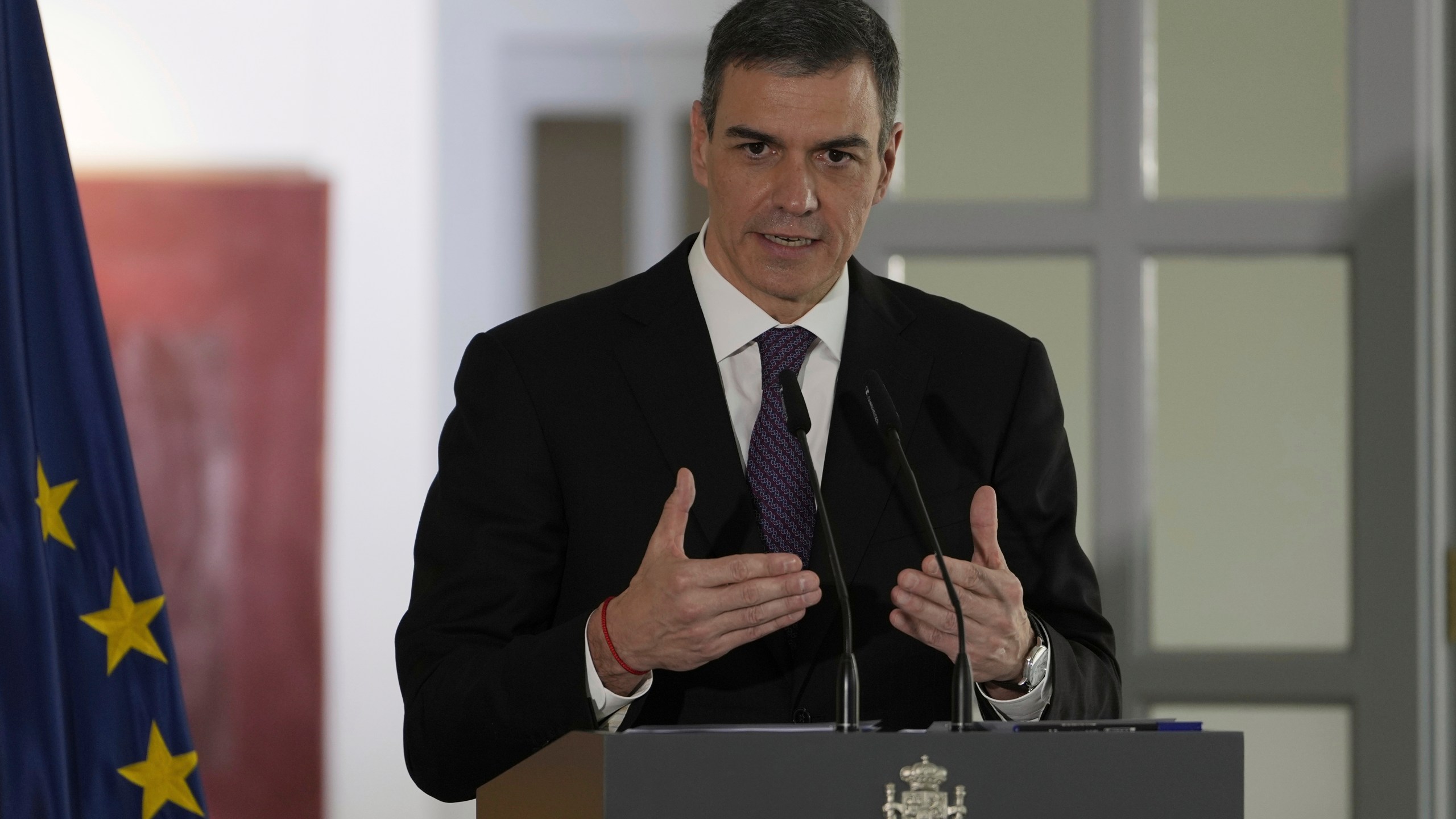 FILE - Spain's Prime Minister Pedro Sanchez speaks during a press conference at the Spanish Embassy in Beijing, April 11, 2025. (AP Photo/Ng Han Guan, File)