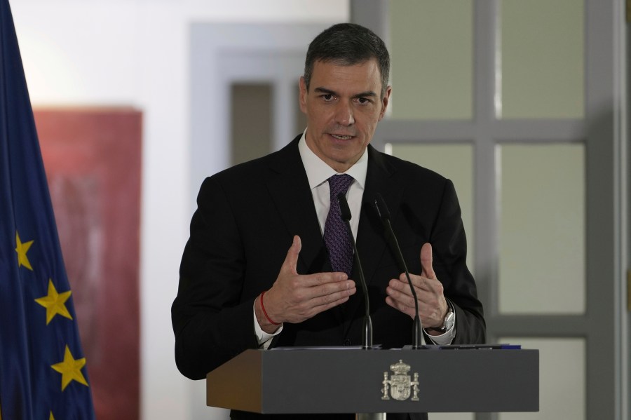FILE - Spain's Prime Minister Pedro Sanchez speaks during a press conference at the Spanish Embassy in Beijing, April 11, 2025. (AP Photo/Ng Han Guan, File)