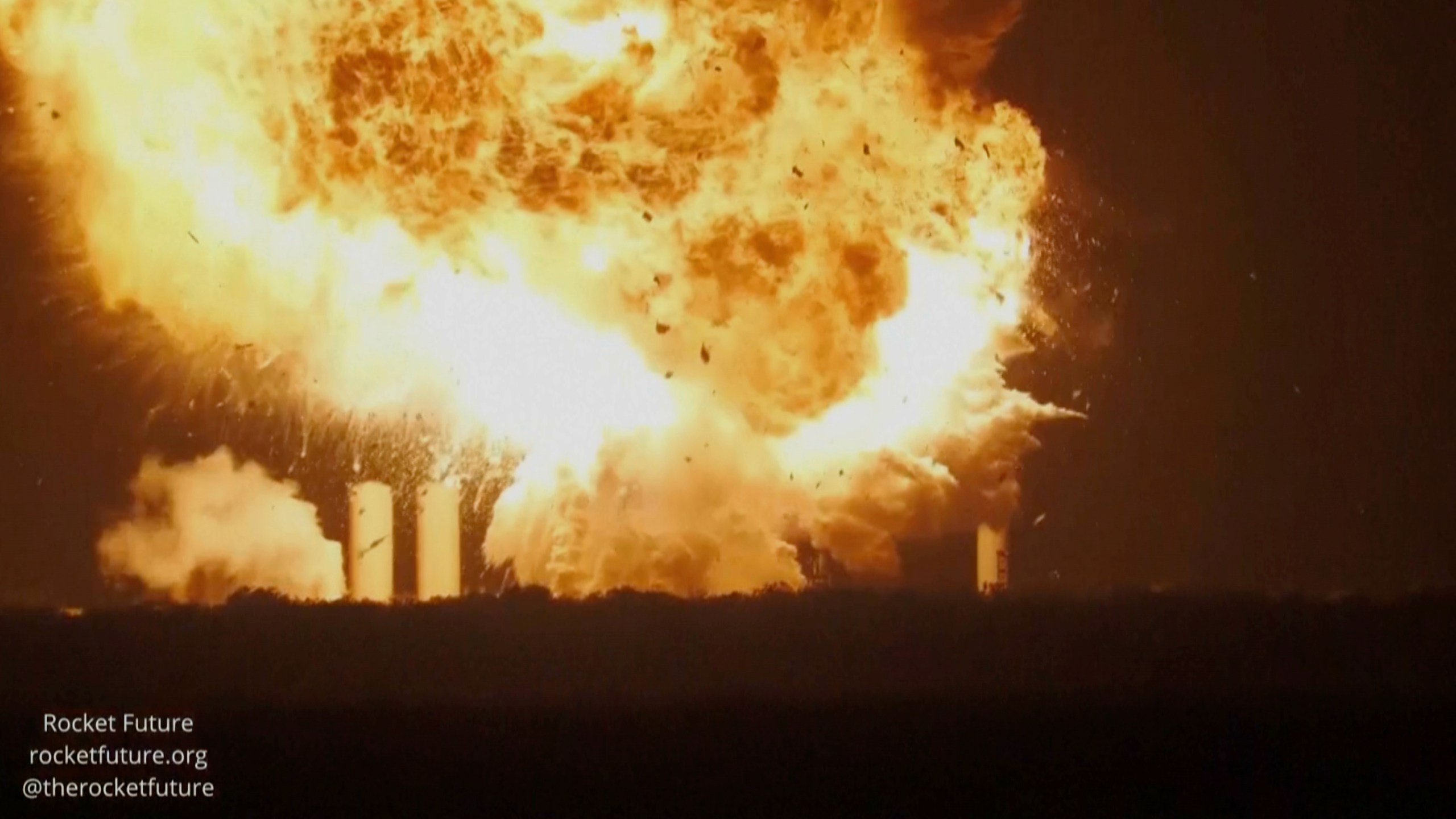This image provided by rocketfuture.org shows a SpaceX rocket explodes at Starbase, SpaceX’s launch site at the southern tip of Texas late Wednesday, June 18, 2025. (rocketfuture.org via AP)